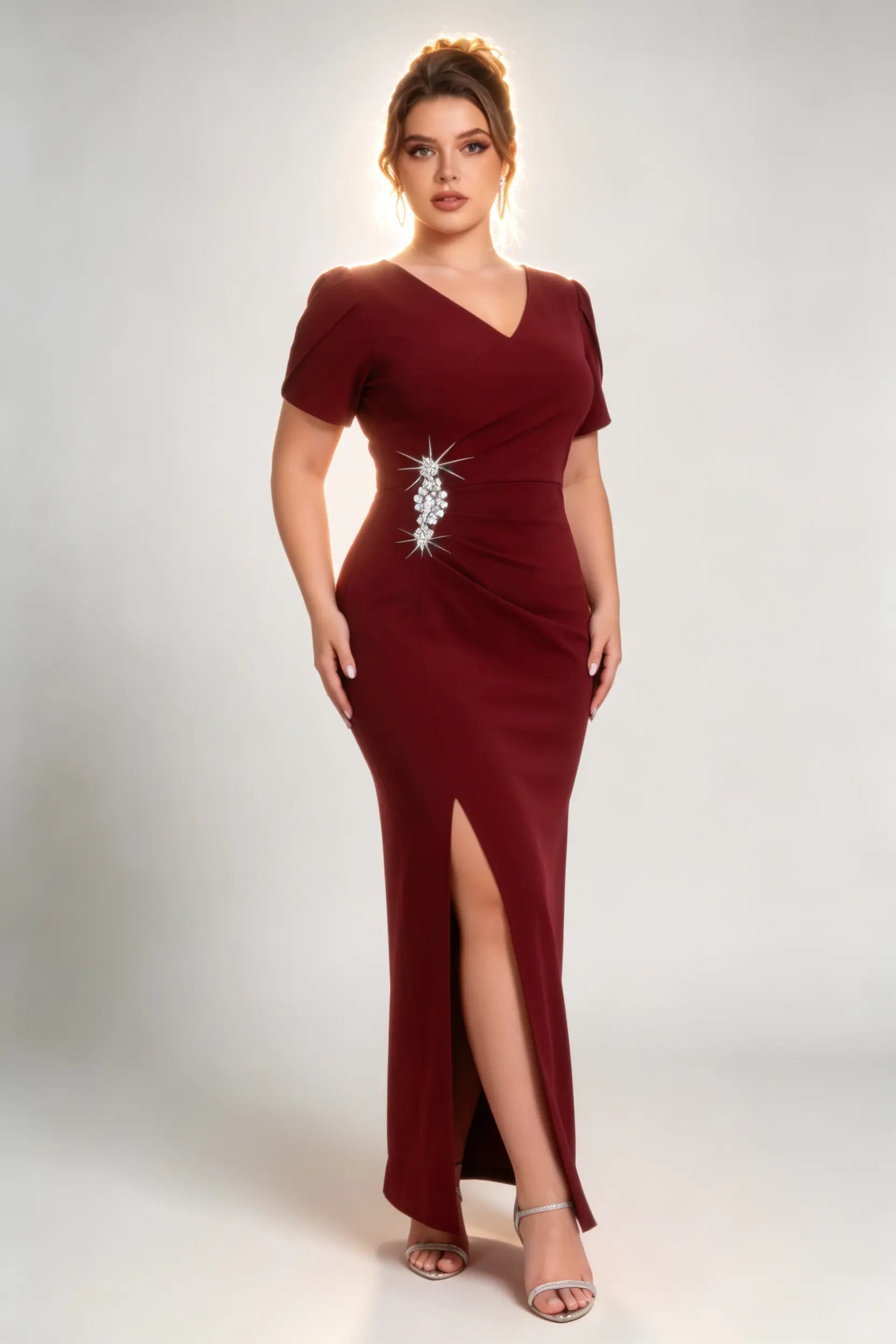 Plus Size Burgundy V-Neck Ruched Evening Gown with Crystal Embellishment