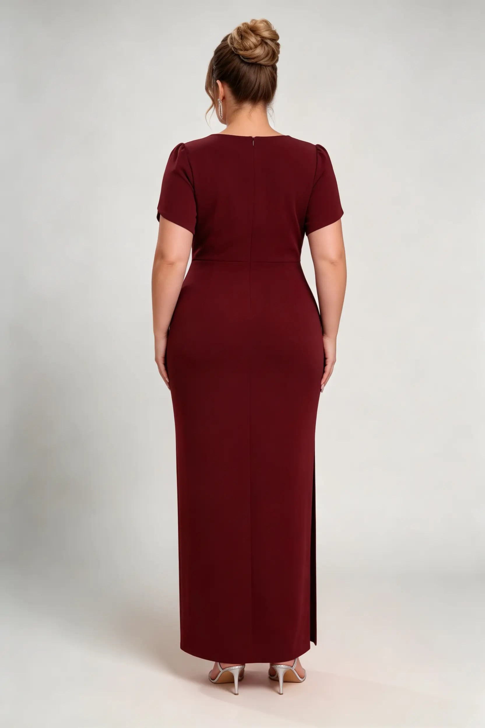 Plus Size Burgundy V-Neck Ruched Evening Gown with Crystal Embellishment