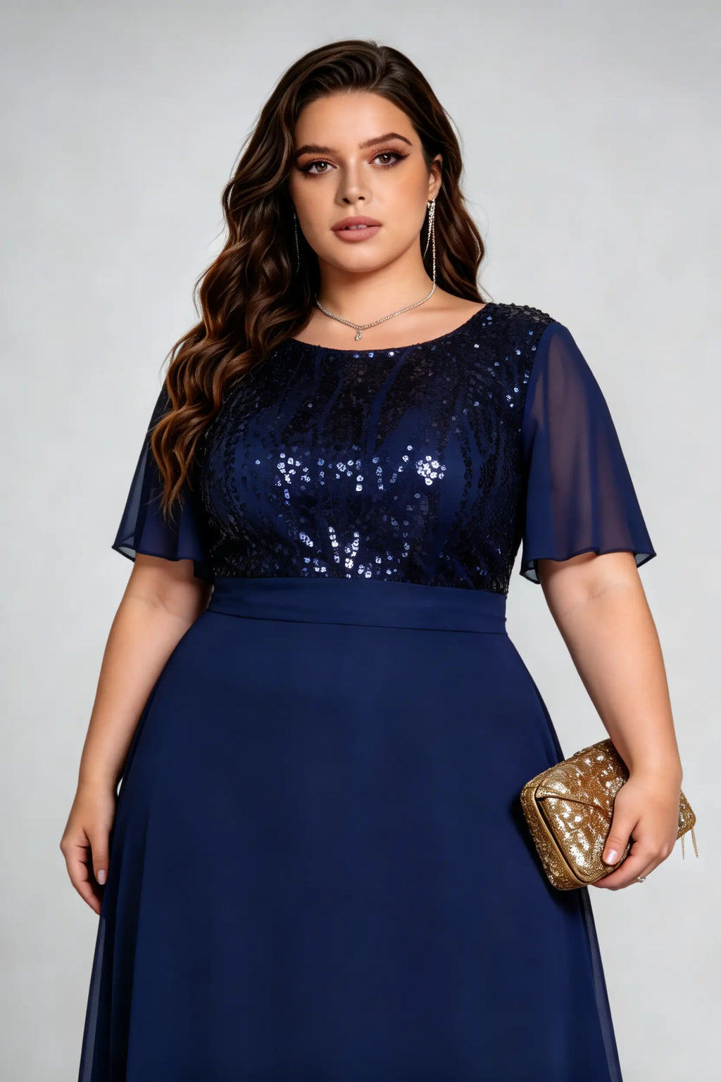 Plus Size Navy Blue Sequin & Chiffon Evening Gown with Flutter Sleeves