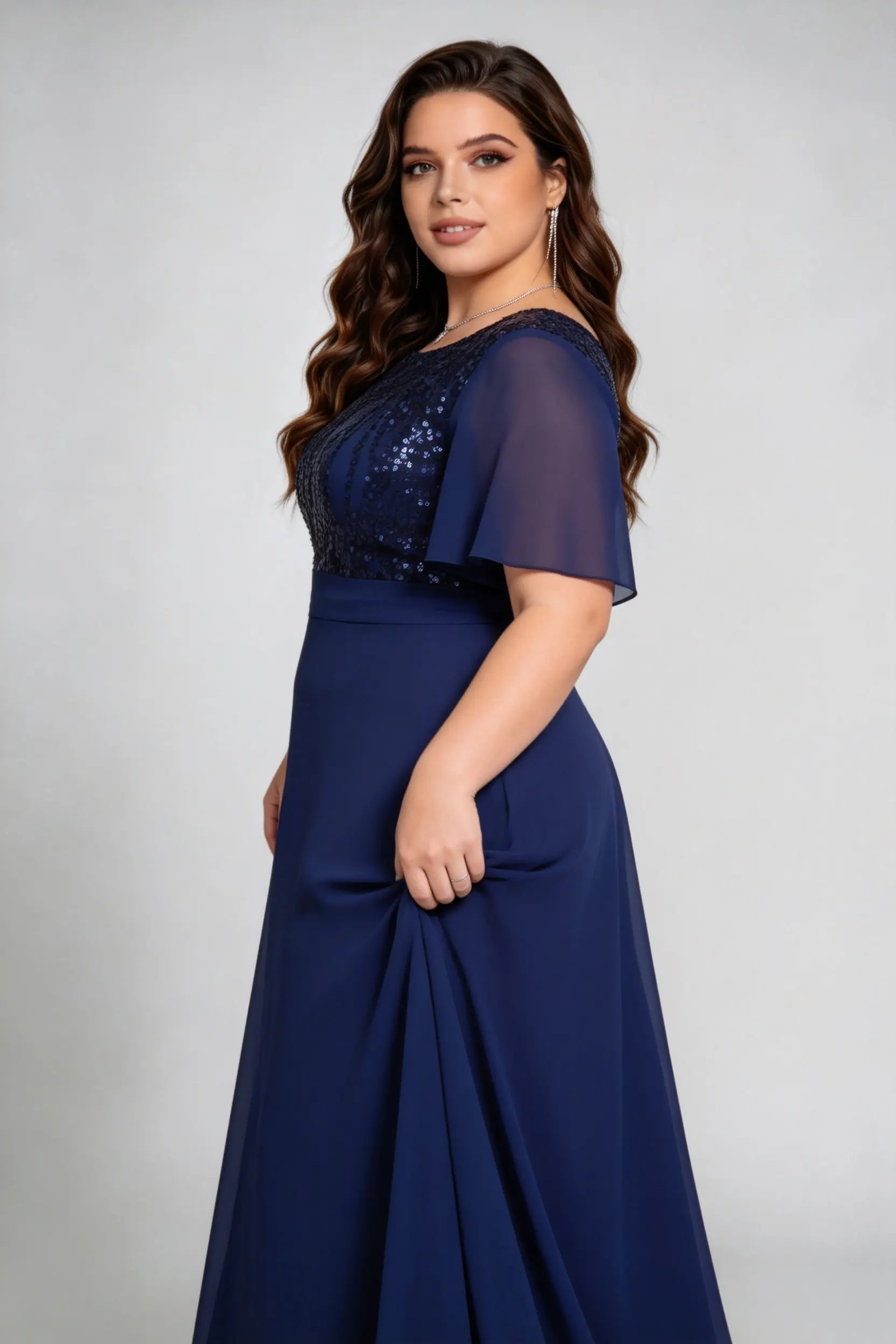 Plus Size Navy Blue Sequin & Chiffon Evening Gown with Flutter Sleeves