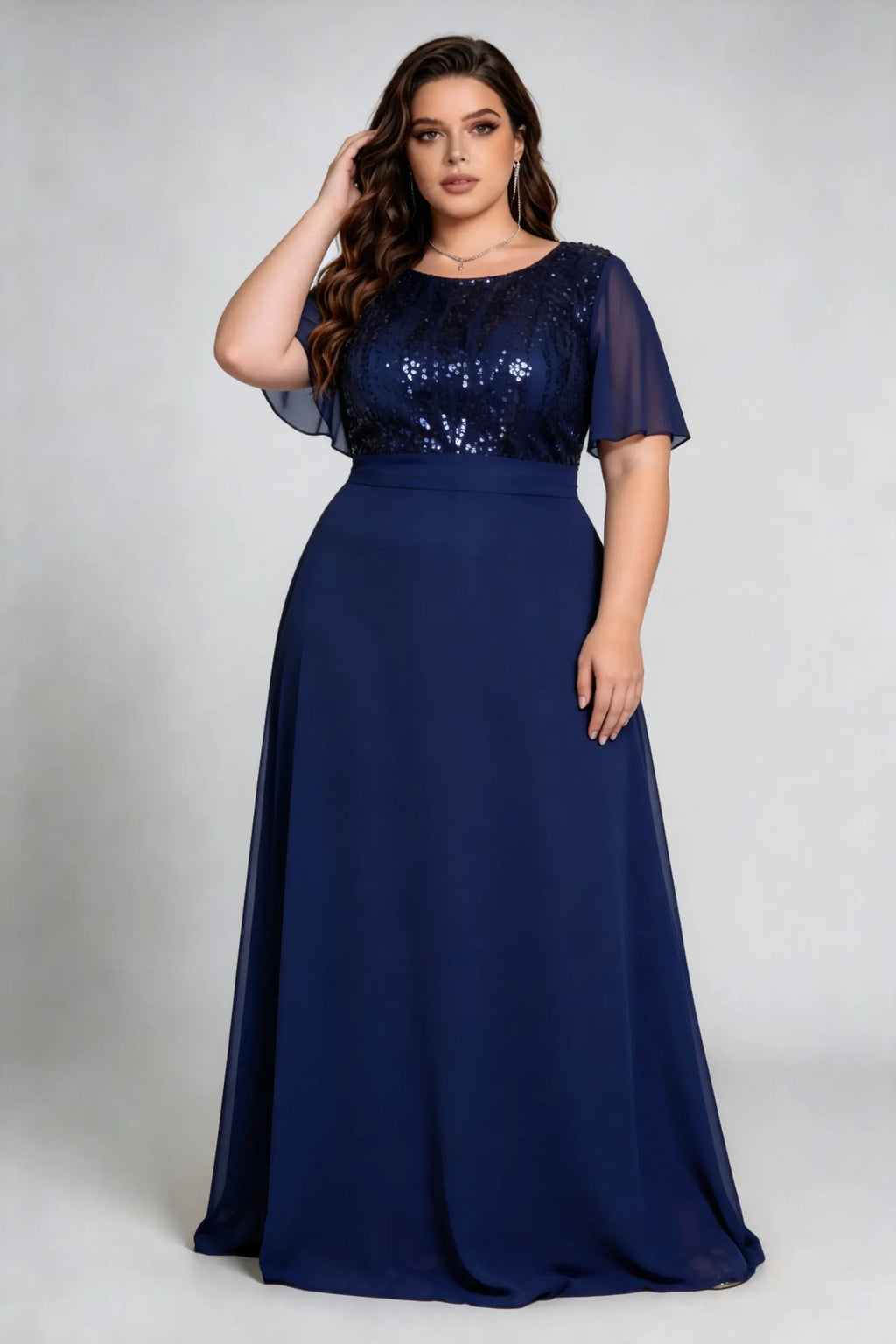 Plus Size Navy Blue Sequin & Chiffon Evening Gown with Flutter Sleeves