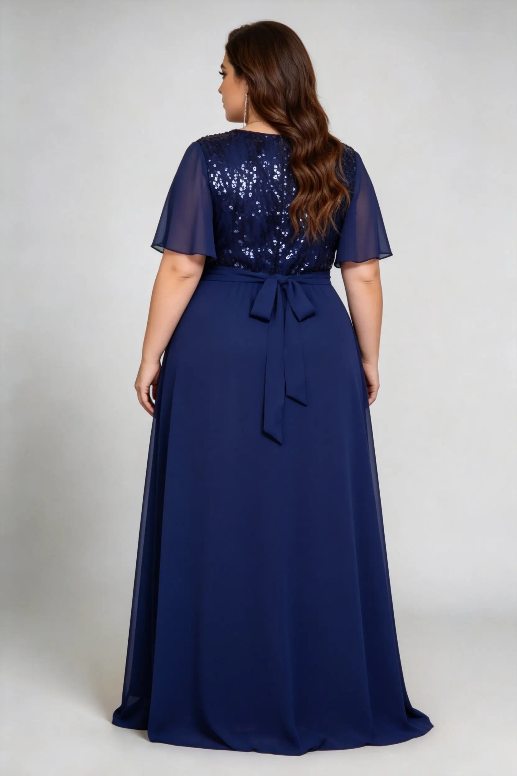 Plus Size Navy Blue Sequin & Chiffon Evening Gown with Flutter Sleeves