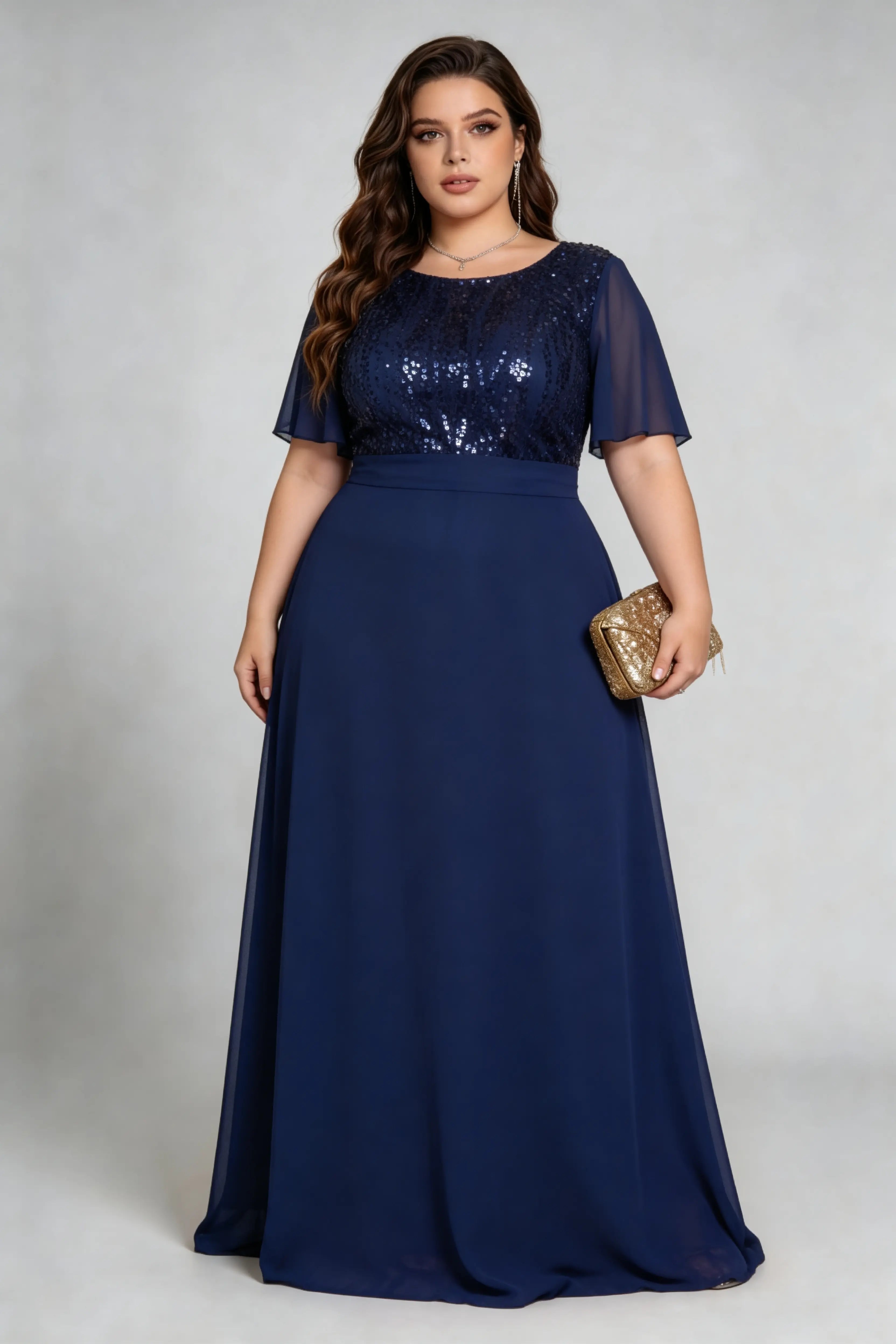 Plus Size Navy Blue Sequin & Chiffon Evening Gown with Flutter Sleeves