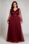 Plus Size Burgundy Sequin-Embellished V-Neck Tulle Gown with Sheer Ruffled Sleeves - Formal Evening Dress