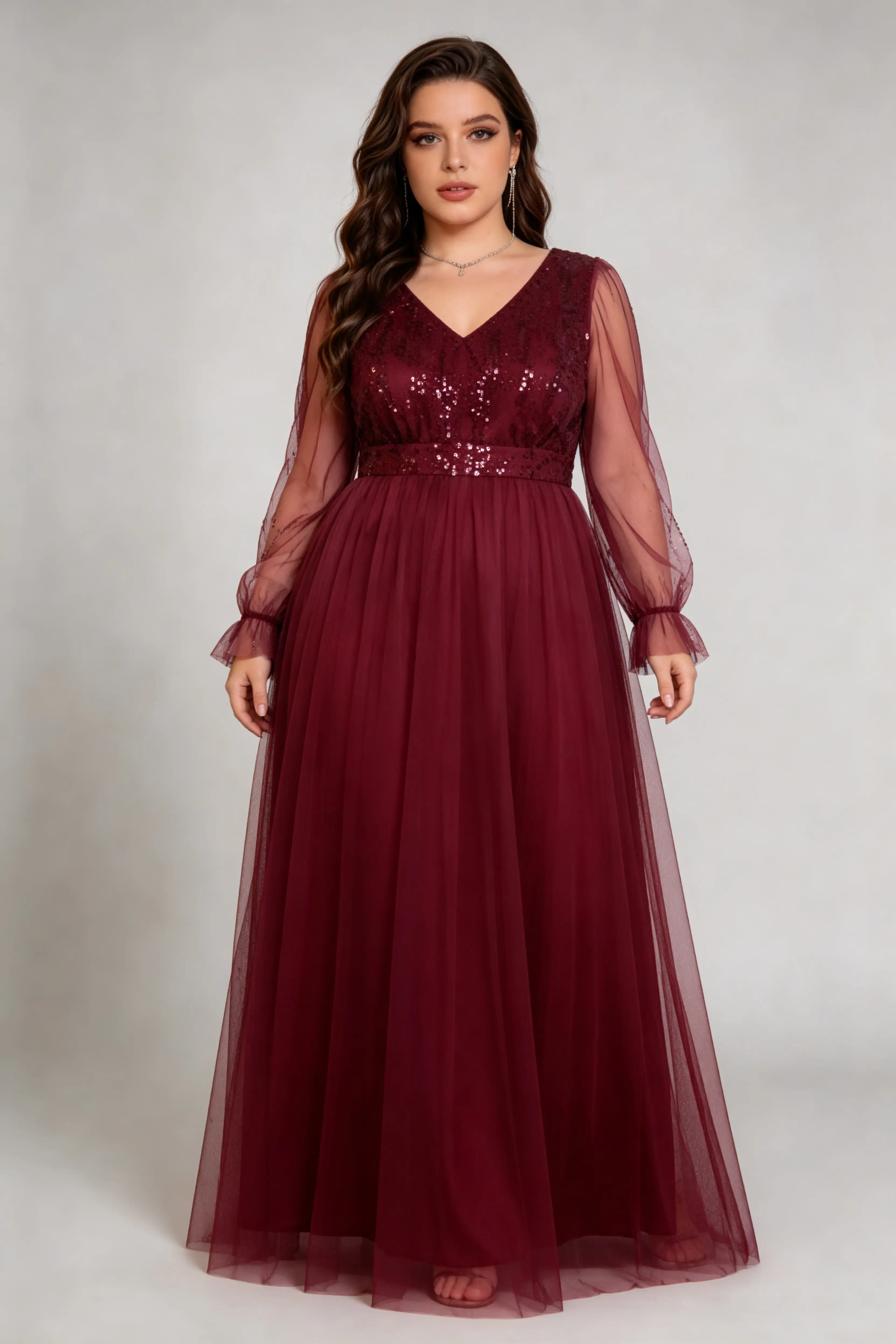 Plus Size Burgundy Sequin-Embellished V-Neck Tulle Gown with Sheer Ruffled Sleeves - Formal Evening Dress