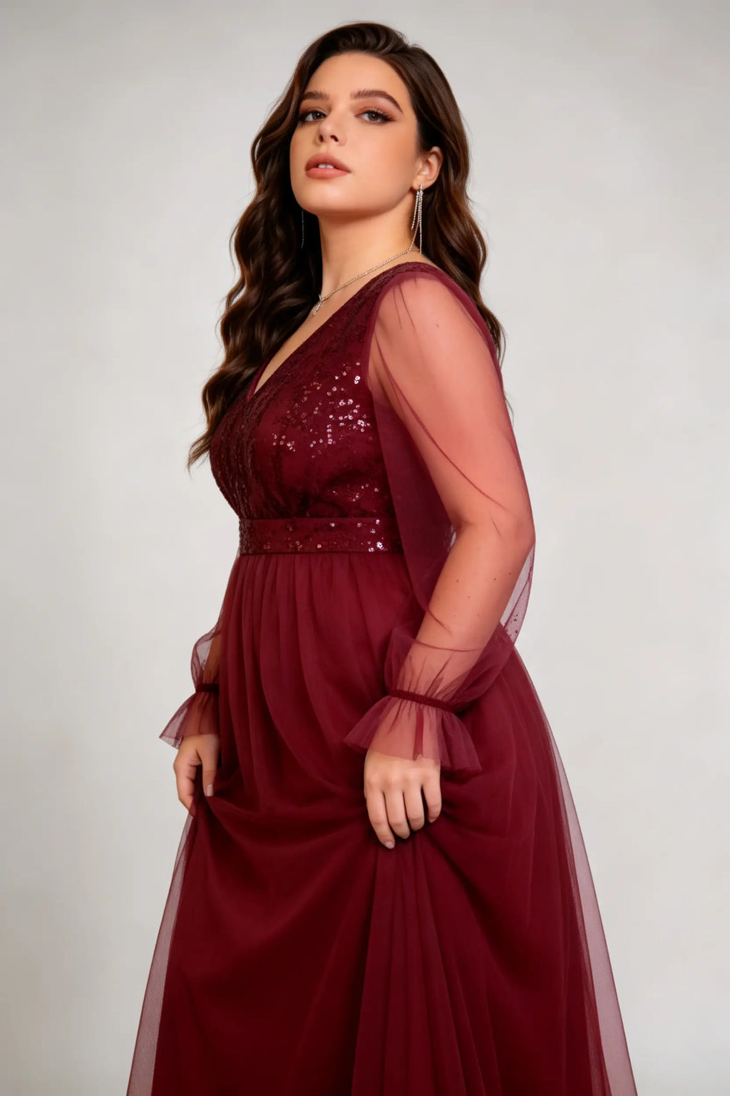 Plus Size Burgundy Sequin-Embellished V-Neck Tulle Gown with Sheer Ruffled Sleeves - Formal Evening Dress