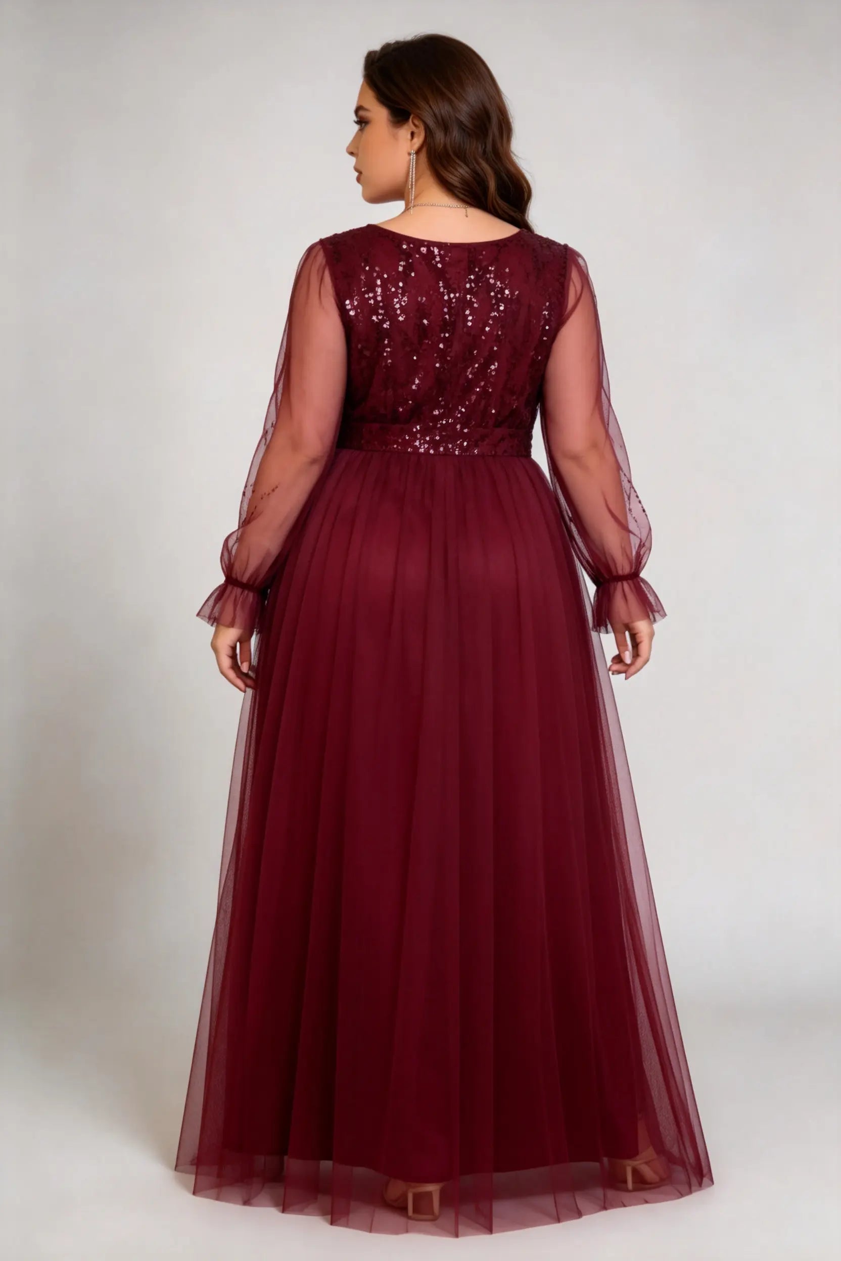 Plus Size Burgundy Sequin-Embellished V-Neck Tulle Gown with Sheer Ruffled Sleeves - Formal Evening Dress