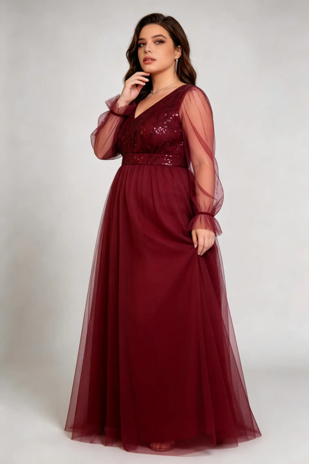 Plus Size Burgundy Sequin-Embellished V-Neck Tulle Gown with Sheer Ruffled Sleeves - Formal Evening Dress