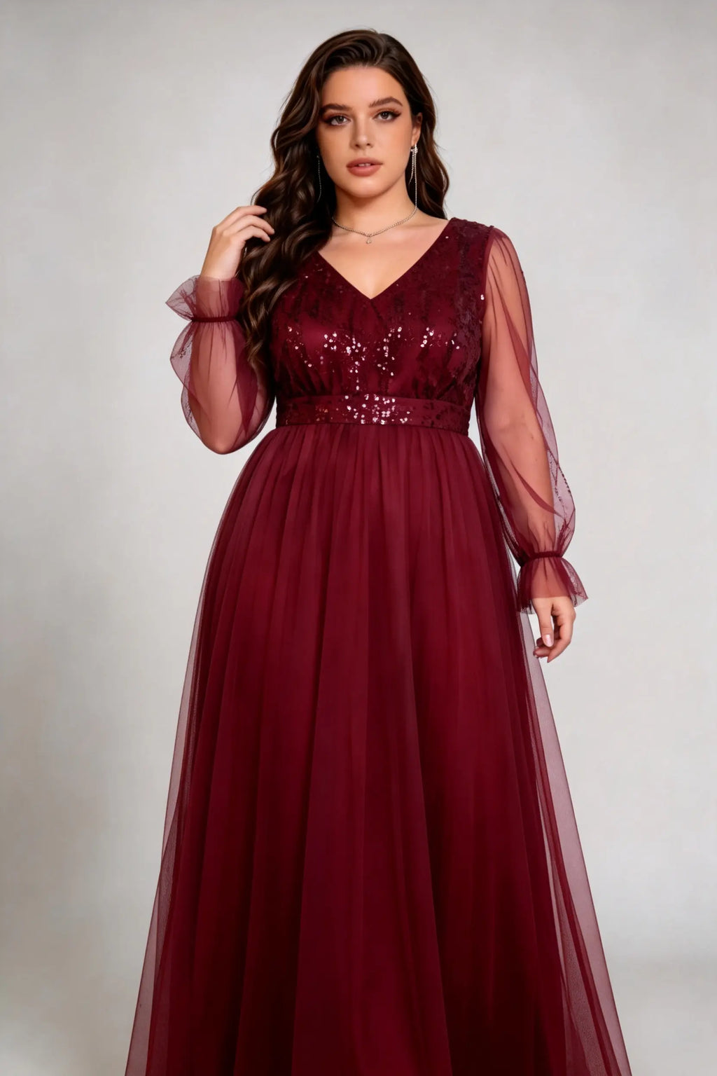 Plus Size Burgundy Sequin-Embellished V-Neck Tulle Gown with Sheer Ruffled Sleeves - Formal Evening Dress