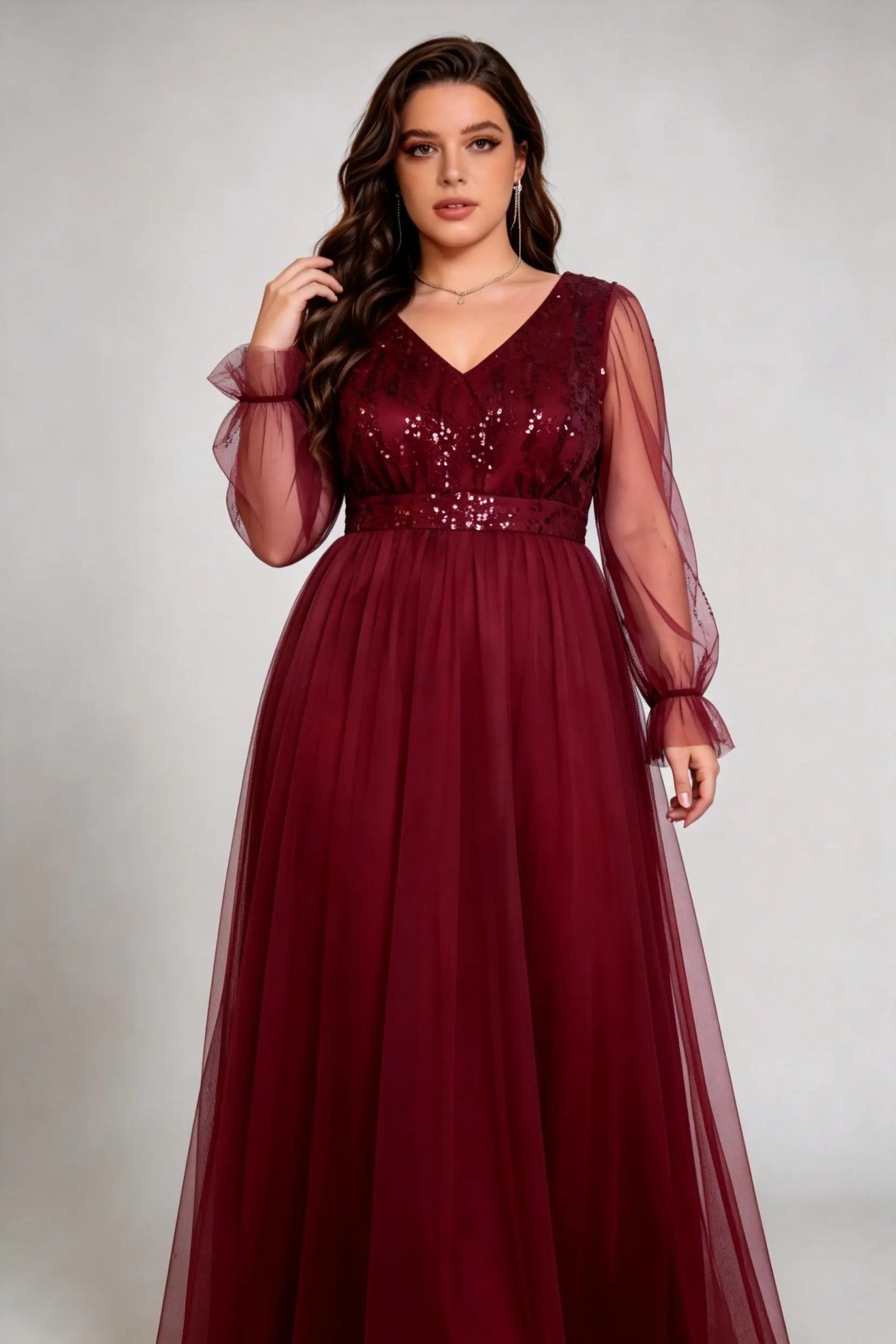 Plus Size Burgundy Sequin-Embellished V-Neck Tulle Gown with Sheer Ruffled Sleeves - Formal Evening Dress