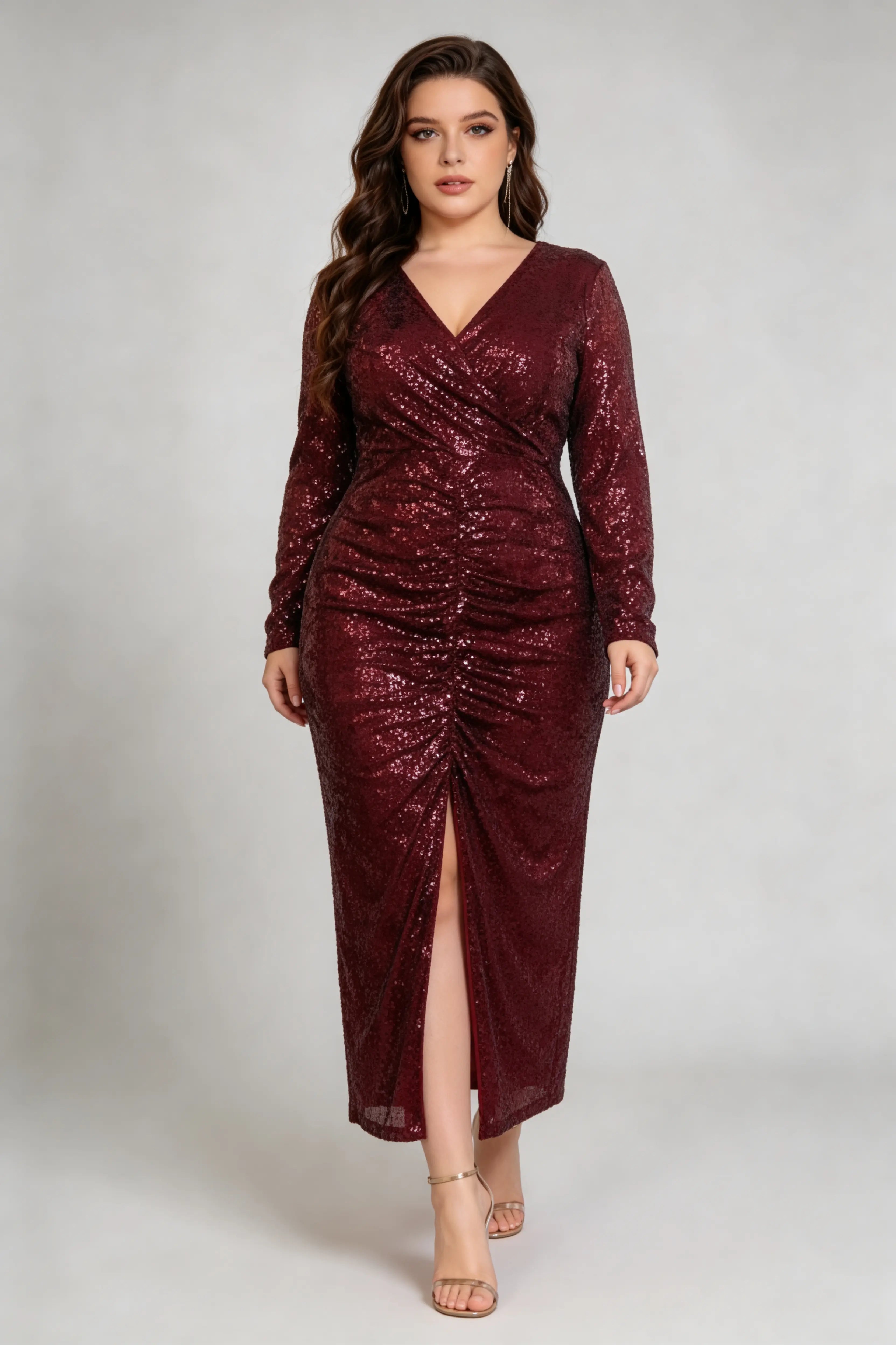 Plus Size Burgundy Sequin Long Sleeve Wrap Midi Dress with Side Slit –  phoehua