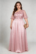 Plus Size Pink One-Shoulder Sequin Evening Gown with Satin Skirt