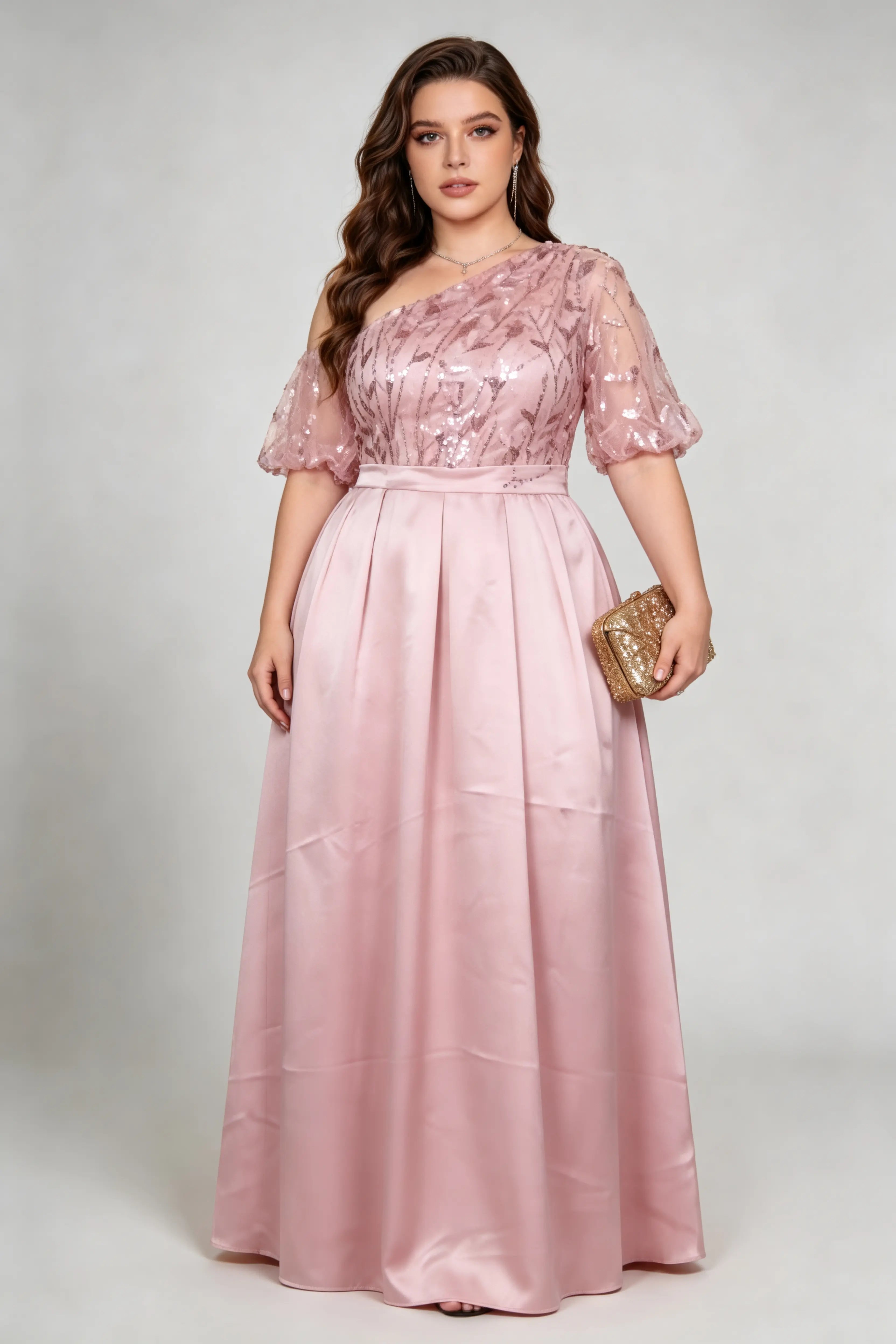 Plus Size Pink One-Shoulder Sequin Evening Gown with Satin Skirt