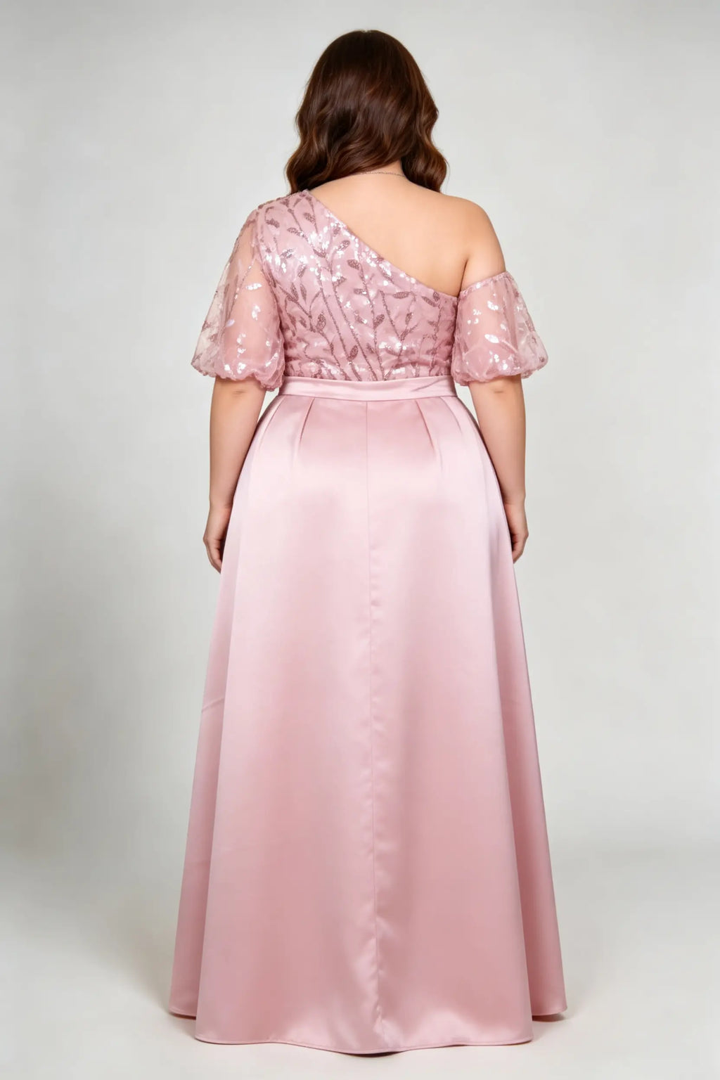 Plus Size Pink One-Shoulder Sequin Evening Gown with Satin Skirt