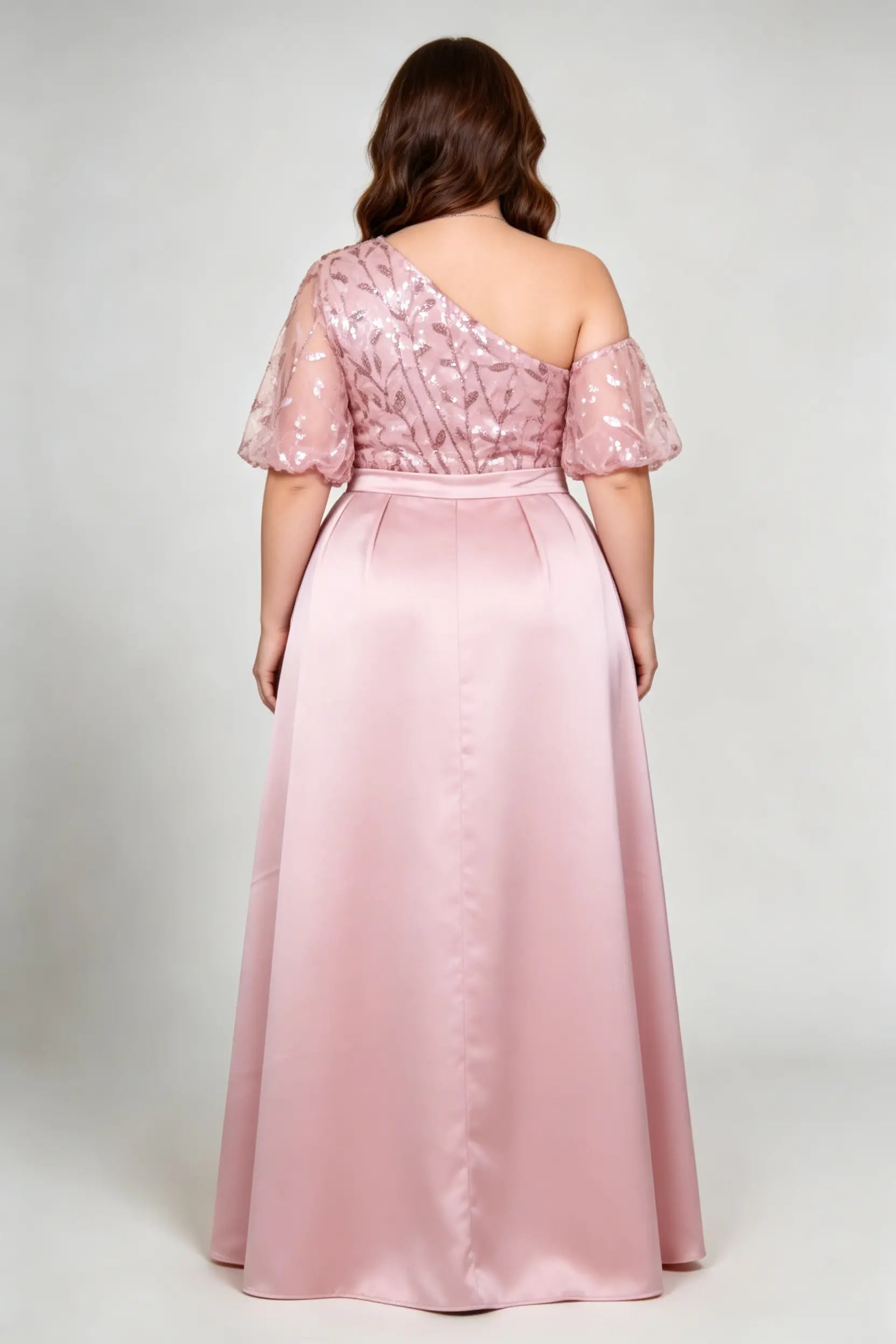 Plus Size Pink One-Shoulder Sequin Evening Gown with Satin Skirt