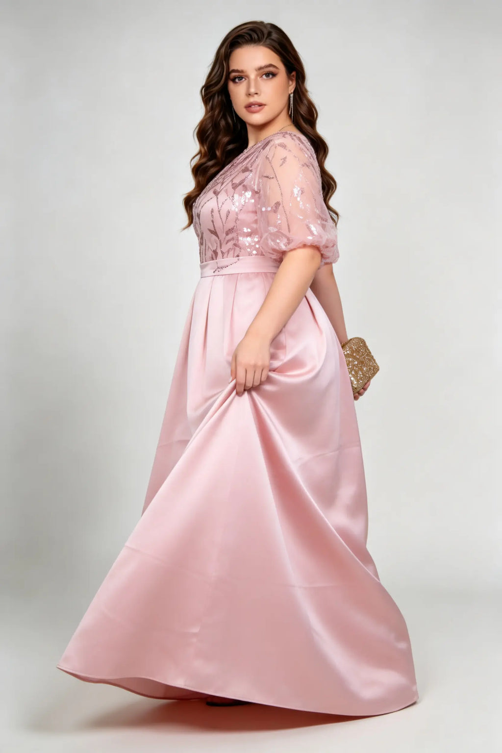 Plus Size Pink One-Shoulder Sequin Evening Gown with Satin Skirt