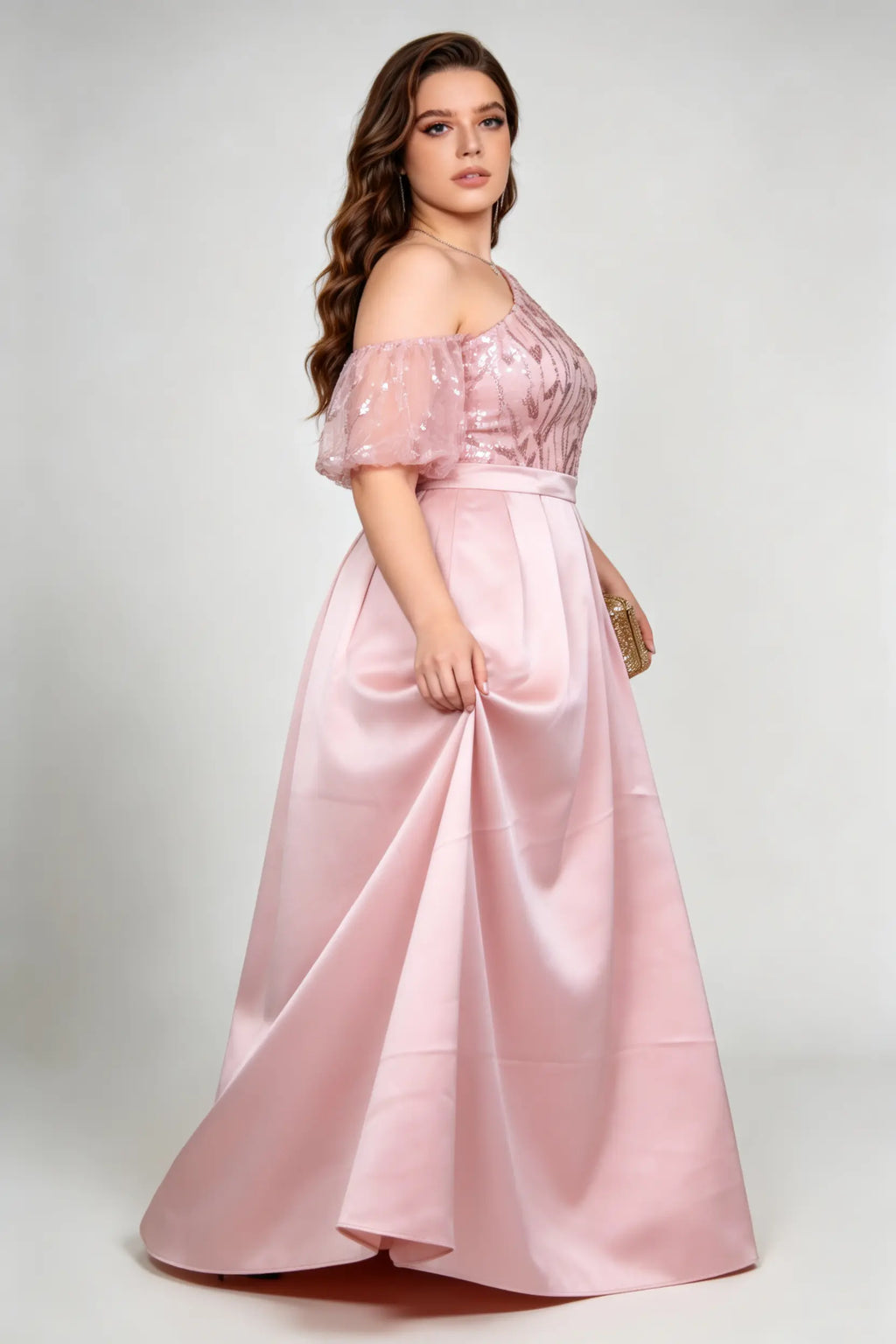 Plus Size Pink One-Shoulder Sequin Evening Gown with Satin Skirt