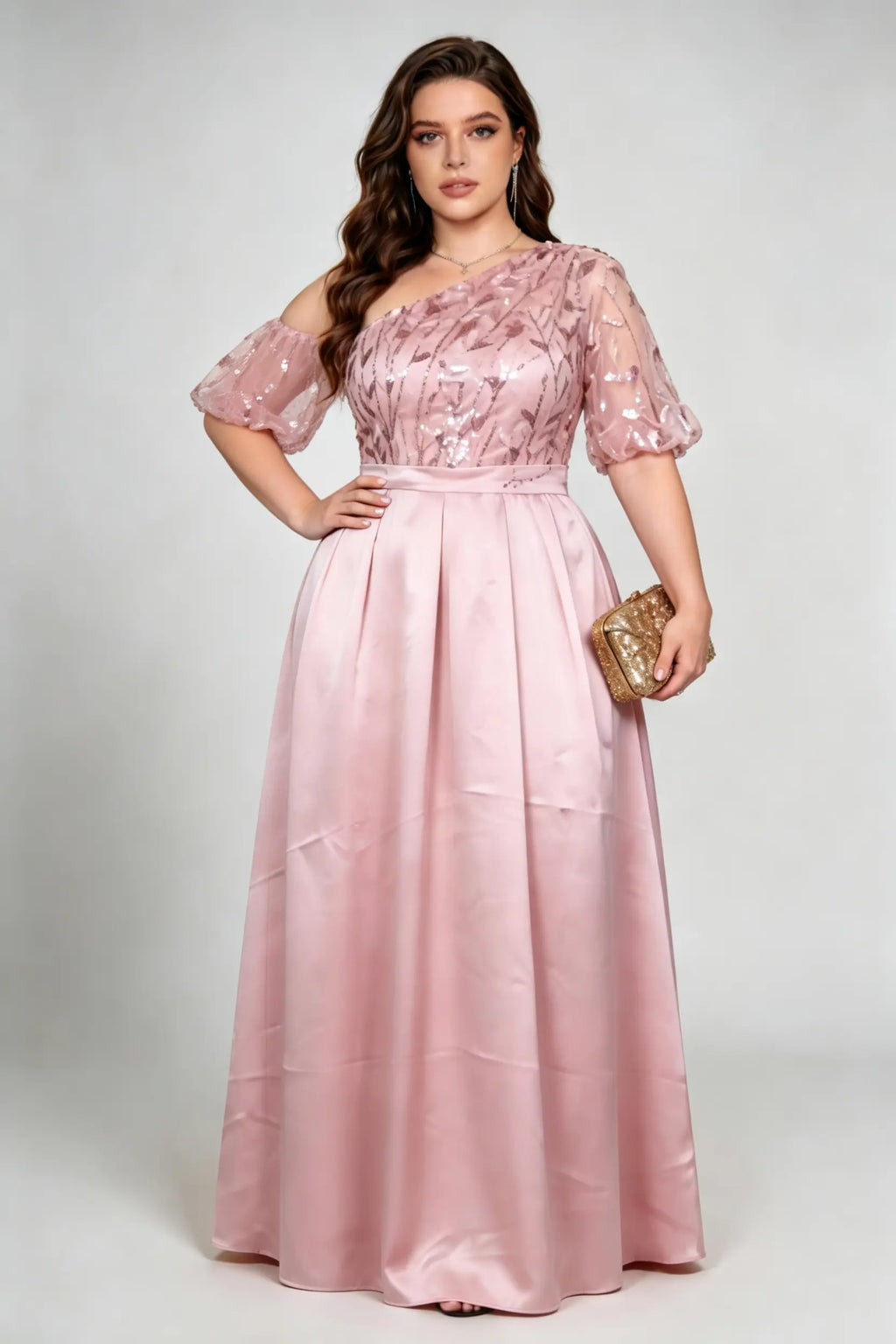 Plus Size Pink One-Shoulder Sequin Evening Gown with Satin Skirt