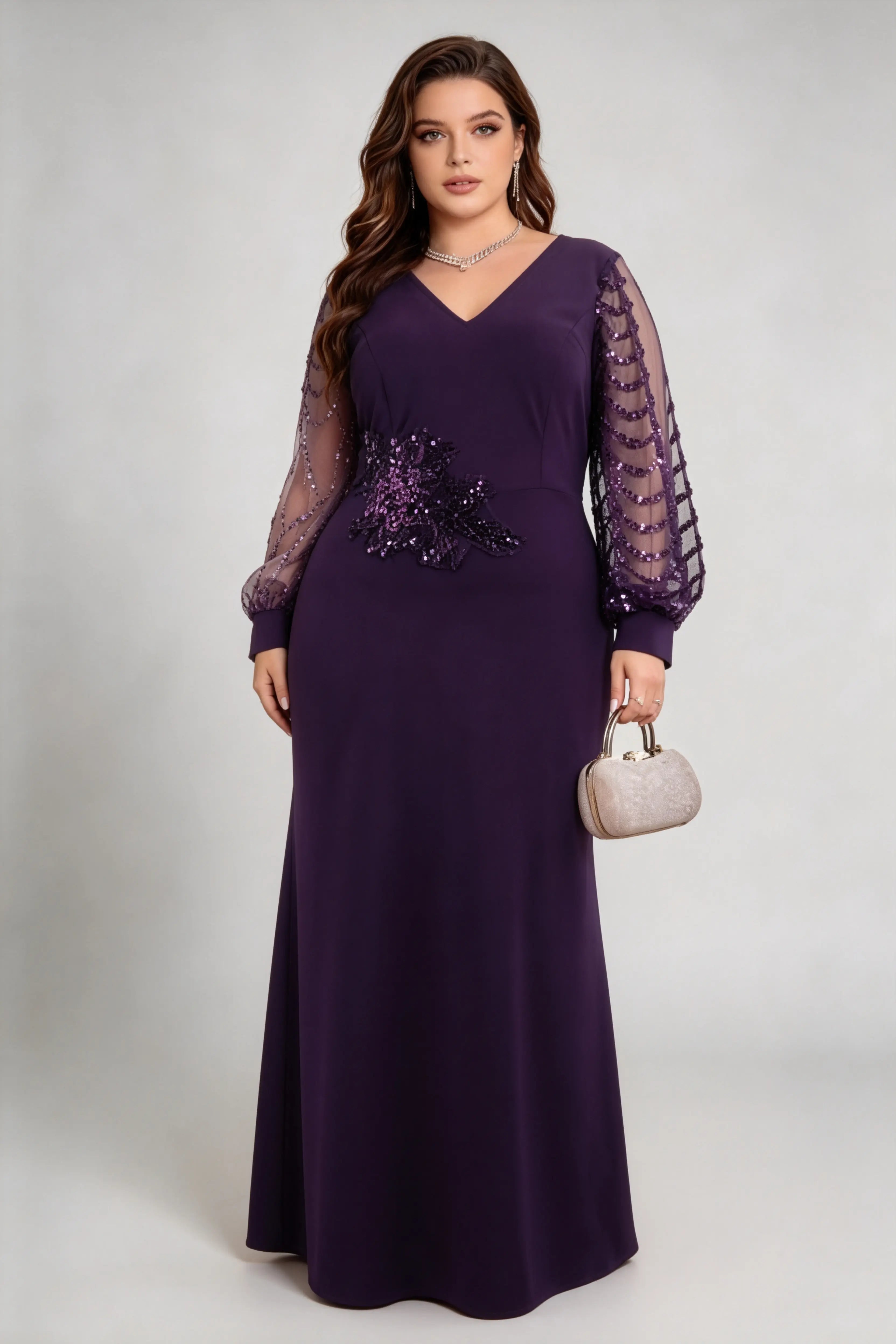 Plus Size Elegant Purple V-Neck Sequin Evening Gown with Sheer Puff Sleeves