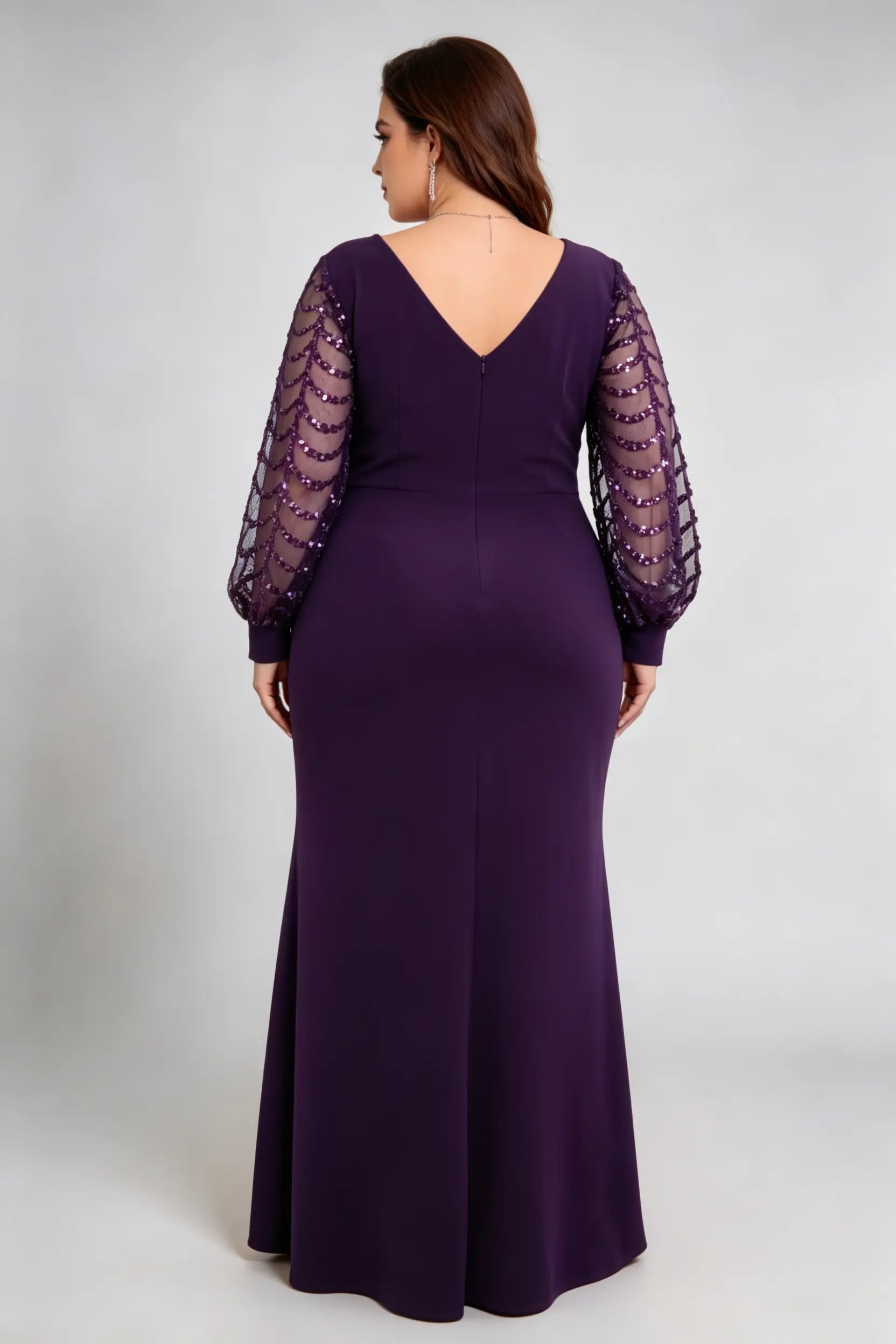Plus Size Elegant Purple V-Neck Sequin Evening Gown with Sheer Puff Sleeves