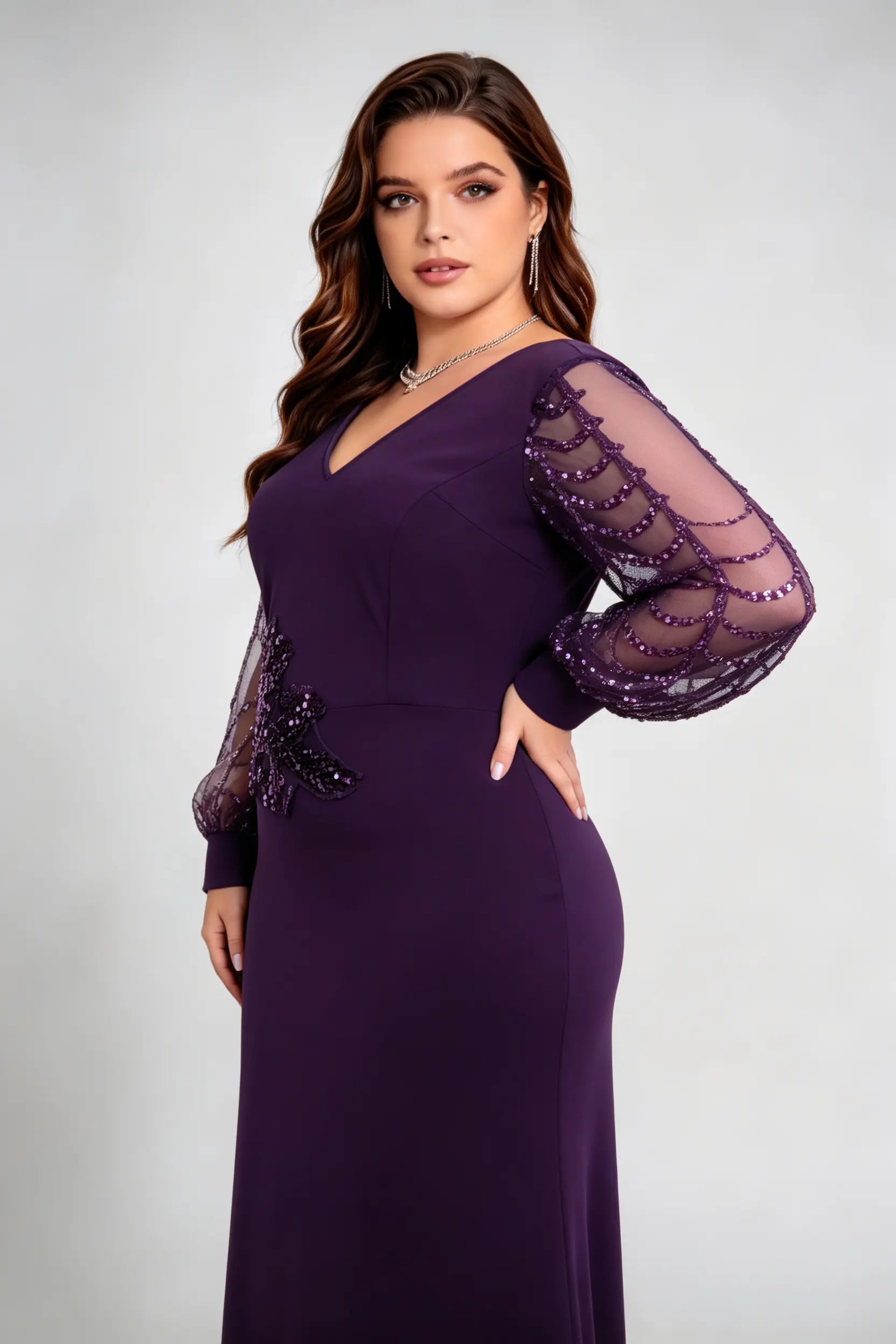 Plus Size Elegant Purple V-Neck Sequin Evening Gown with Sheer Puff Sleeves