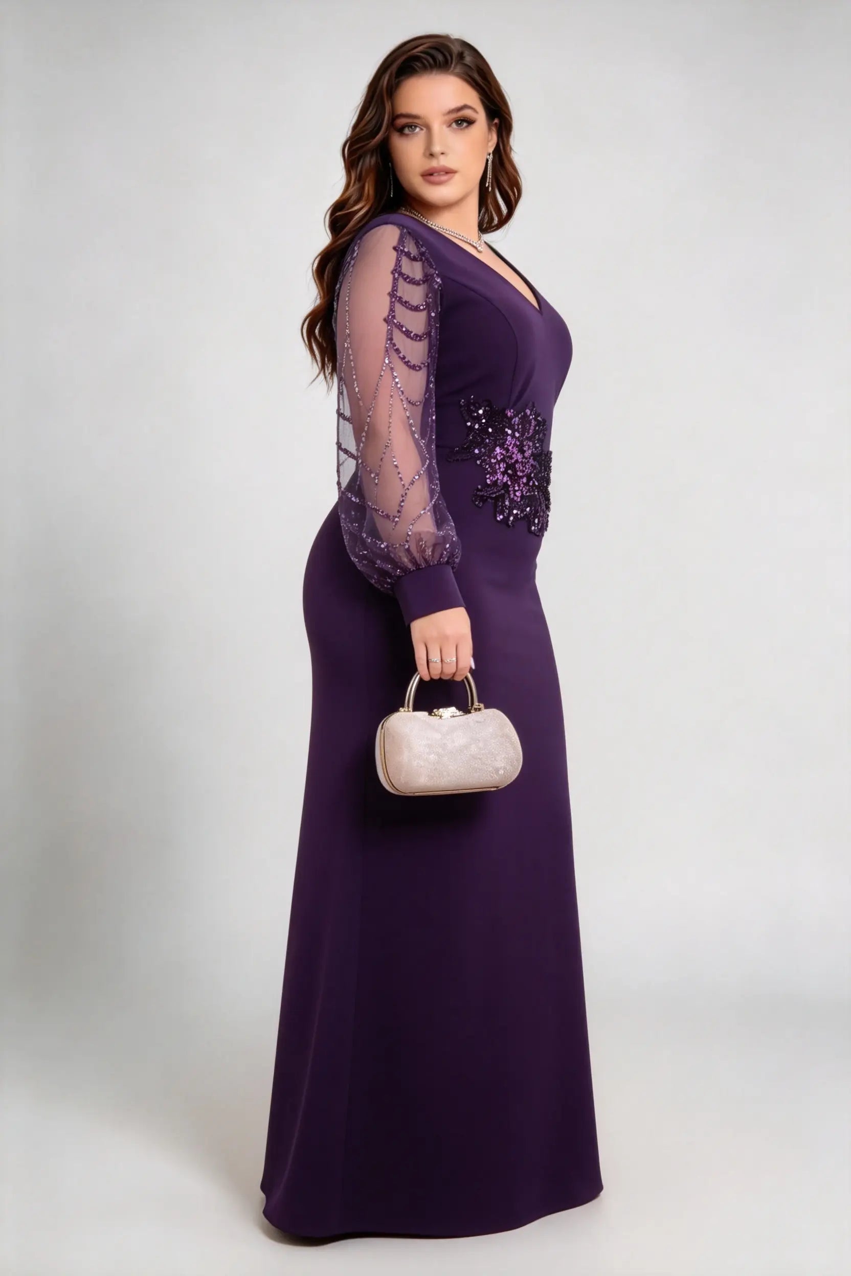 Plus Size Elegant Purple V-Neck Sequin Evening Gown with Sheer Puff Sleeves
