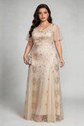 Plus Size Champagne Sequin Starburst Evening Gown with Flutter Sleeves