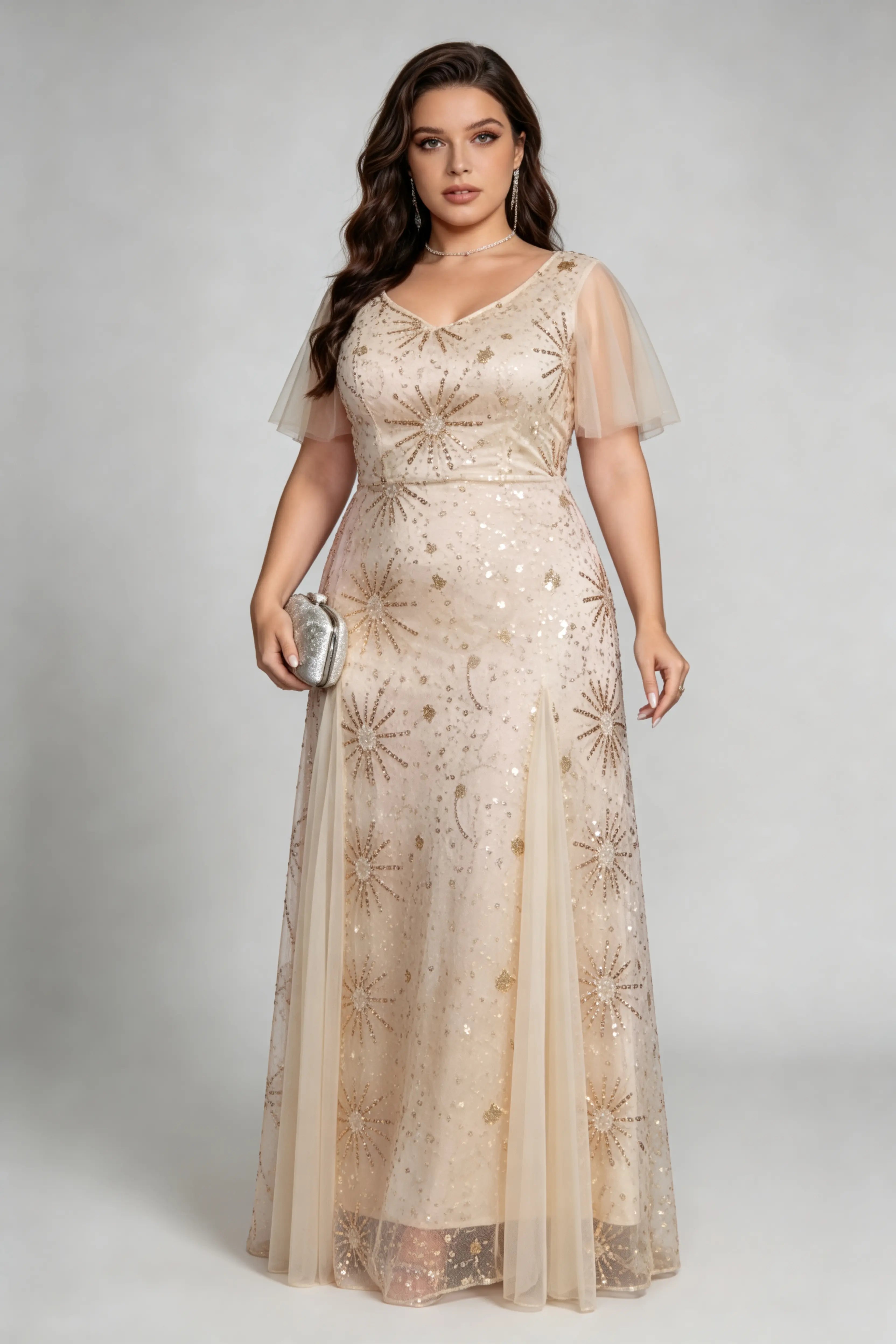Plus Size Champagne Sequin Starburst Evening Gown with Flutter Sleeves