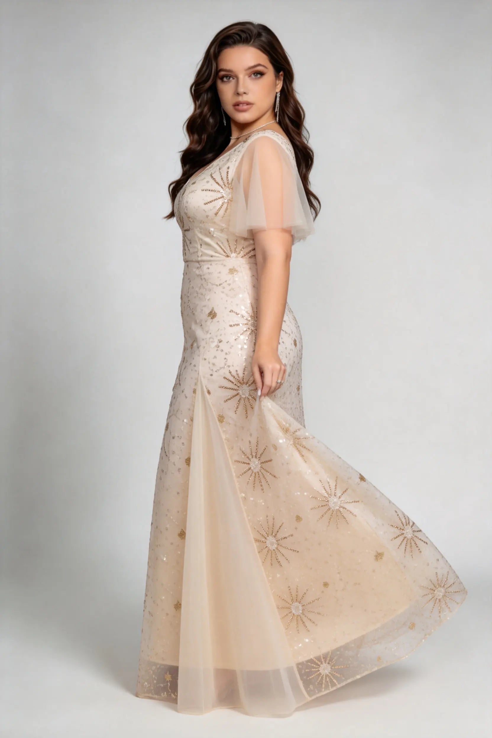 Plus Size Champagne Sequin Starburst Evening Gown with Flutter Sleeves