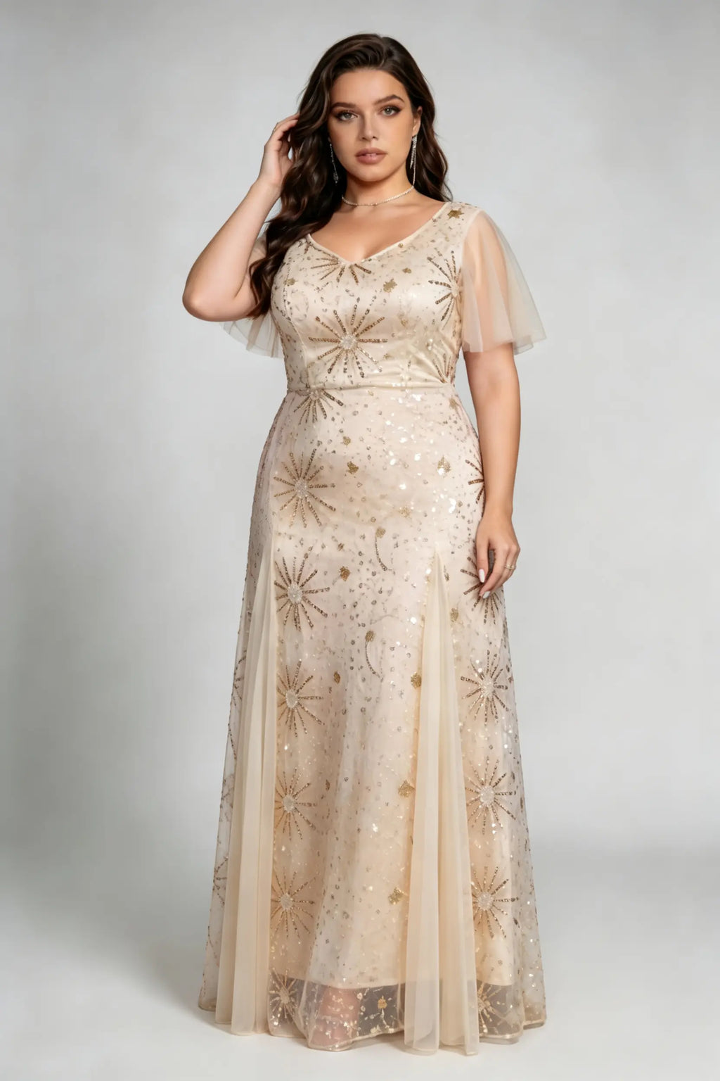 Plus Size Champagne Sequin Starburst Evening Gown with Flutter Sleeves