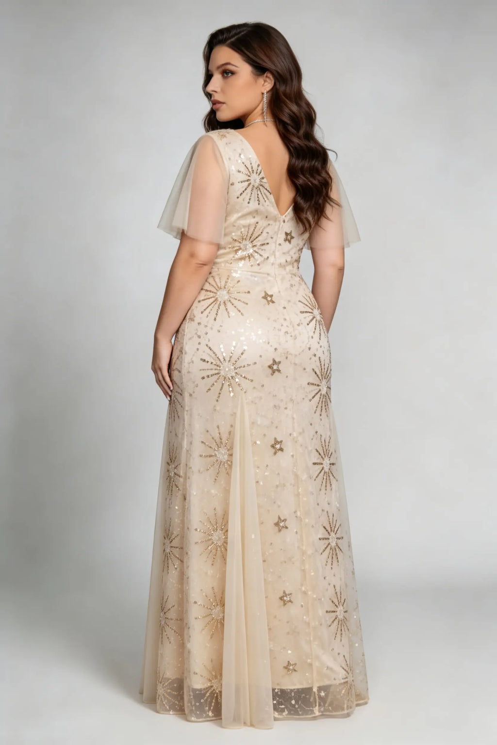 Plus Size Champagne Sequin Starburst Evening Gown with Flutter Sleeves