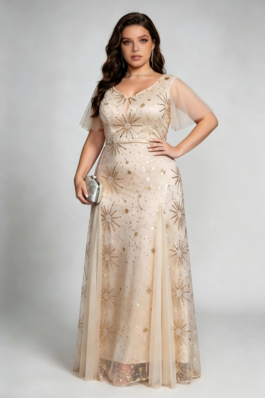 Plus Size Champagne Sequin Starburst Evening Gown with Flutter Sleeves