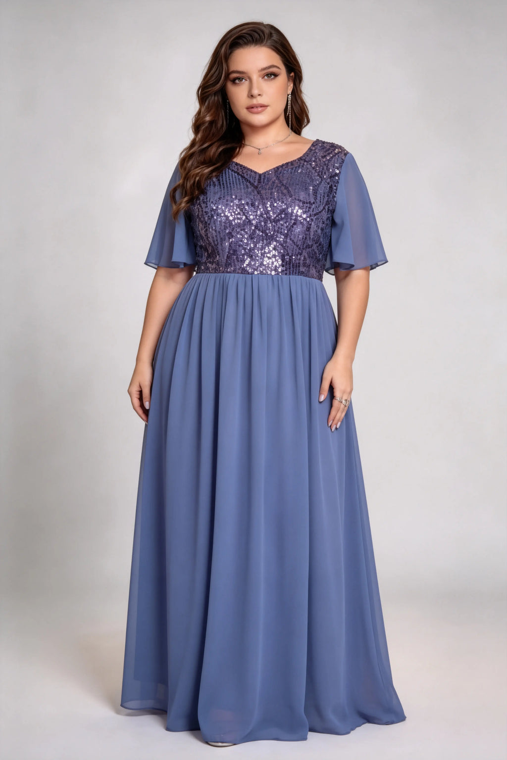 Plus Size Sequin Bodice Chiffon Maxi Dress - V-Neck Flutter Sleeve Formal Gown