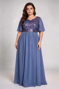 Plus Size Sequin Bodice Chiffon Maxi Dress - V-Neck Flutter Sleeve Formal Gown