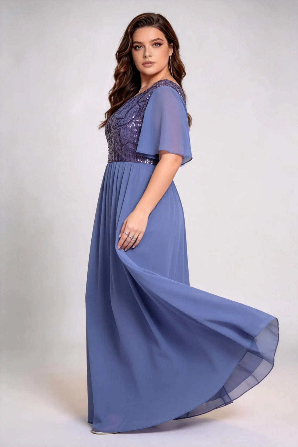 Plus Size Sequin Bodice Chiffon Maxi Dress - V-Neck Flutter Sleeve Formal Gown