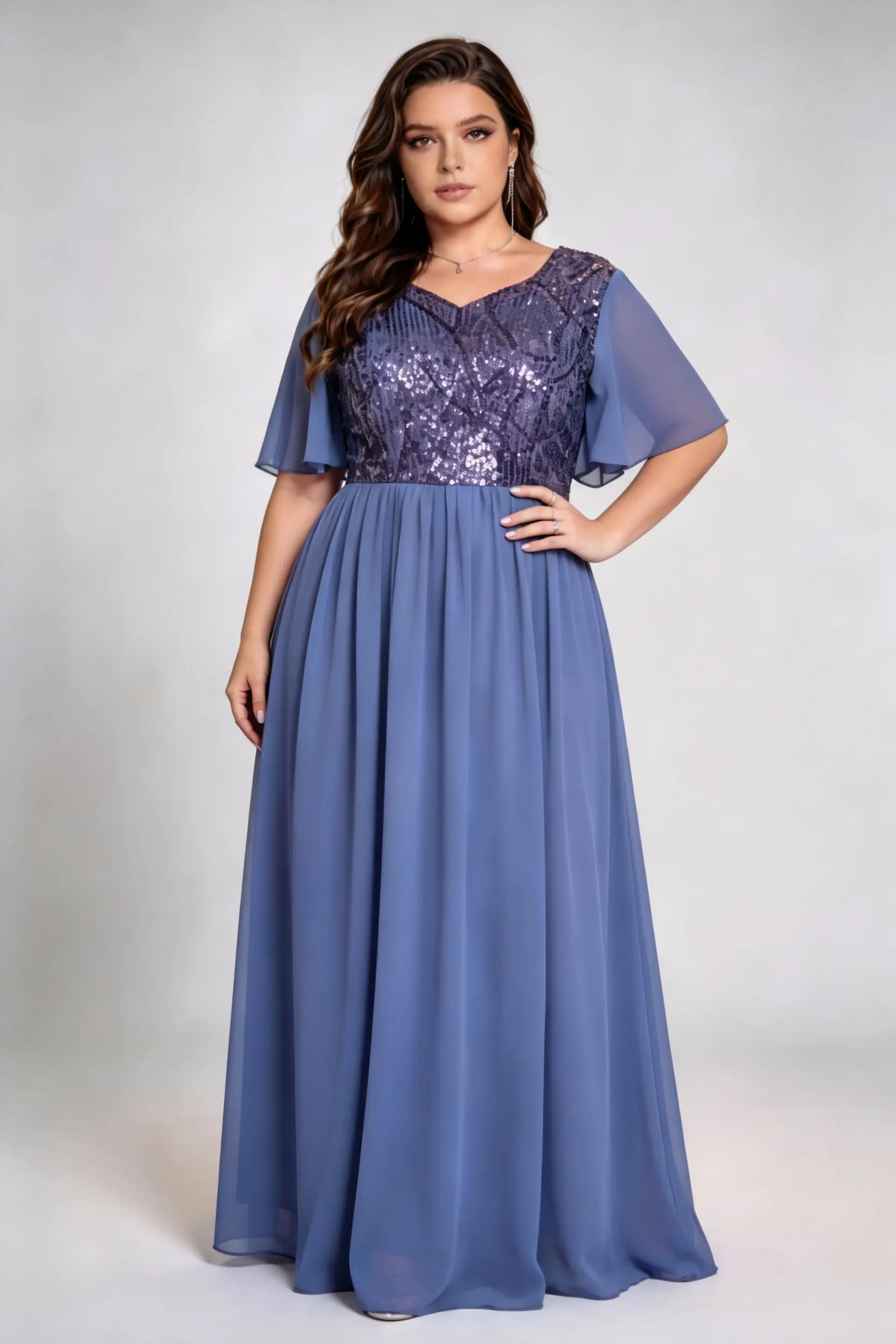 Plus Size Sequin Bodice Chiffon Maxi Dress - V-Neck Flutter Sleeve Formal Gown