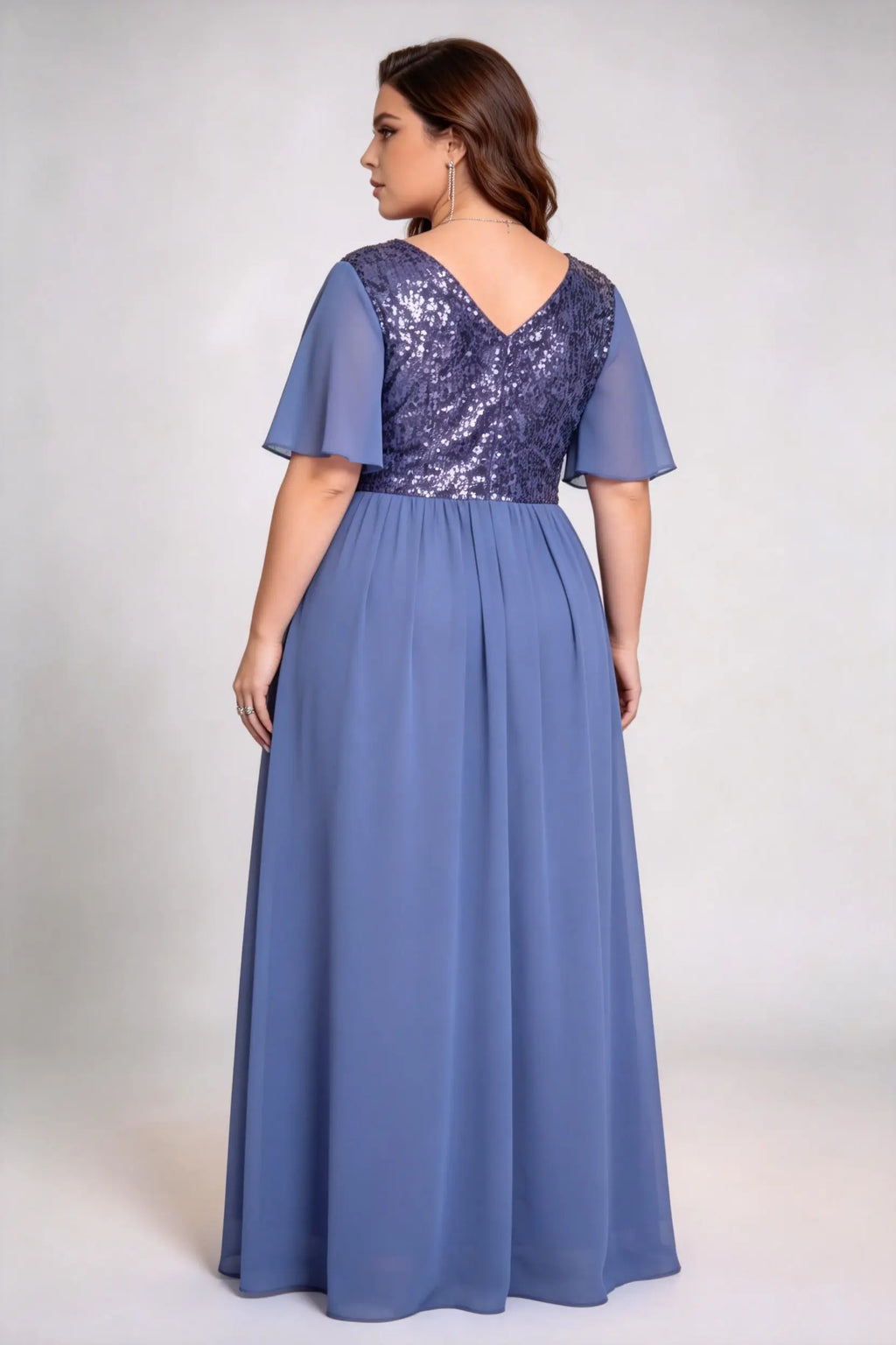 Plus Size Sequin Bodice Chiffon Maxi Dress - V-Neck Flutter Sleeve Formal Gown