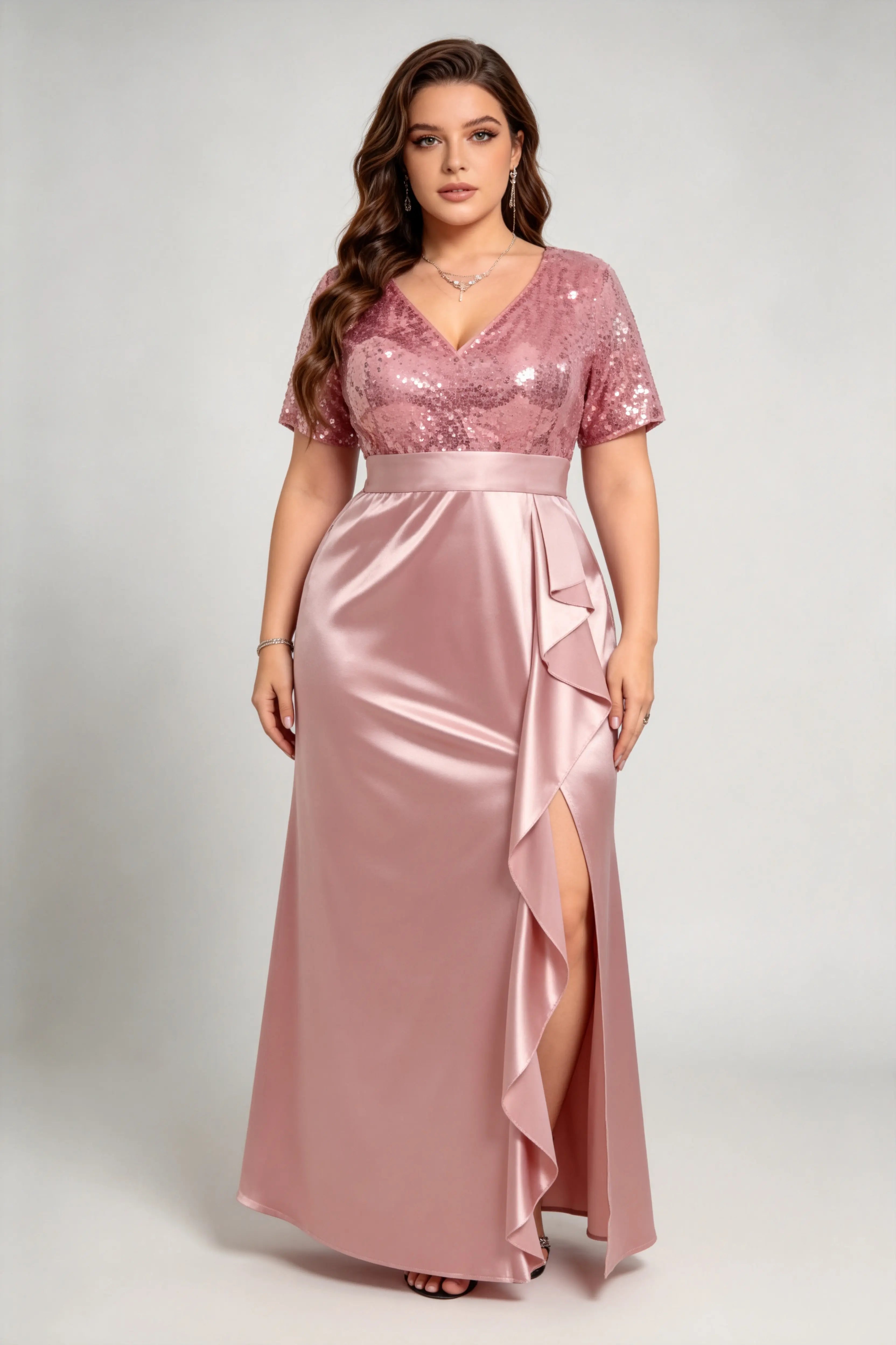 Plus Size Pink Sequin Satin Wrap Evening Gown with Short Sleeves and Side Slit