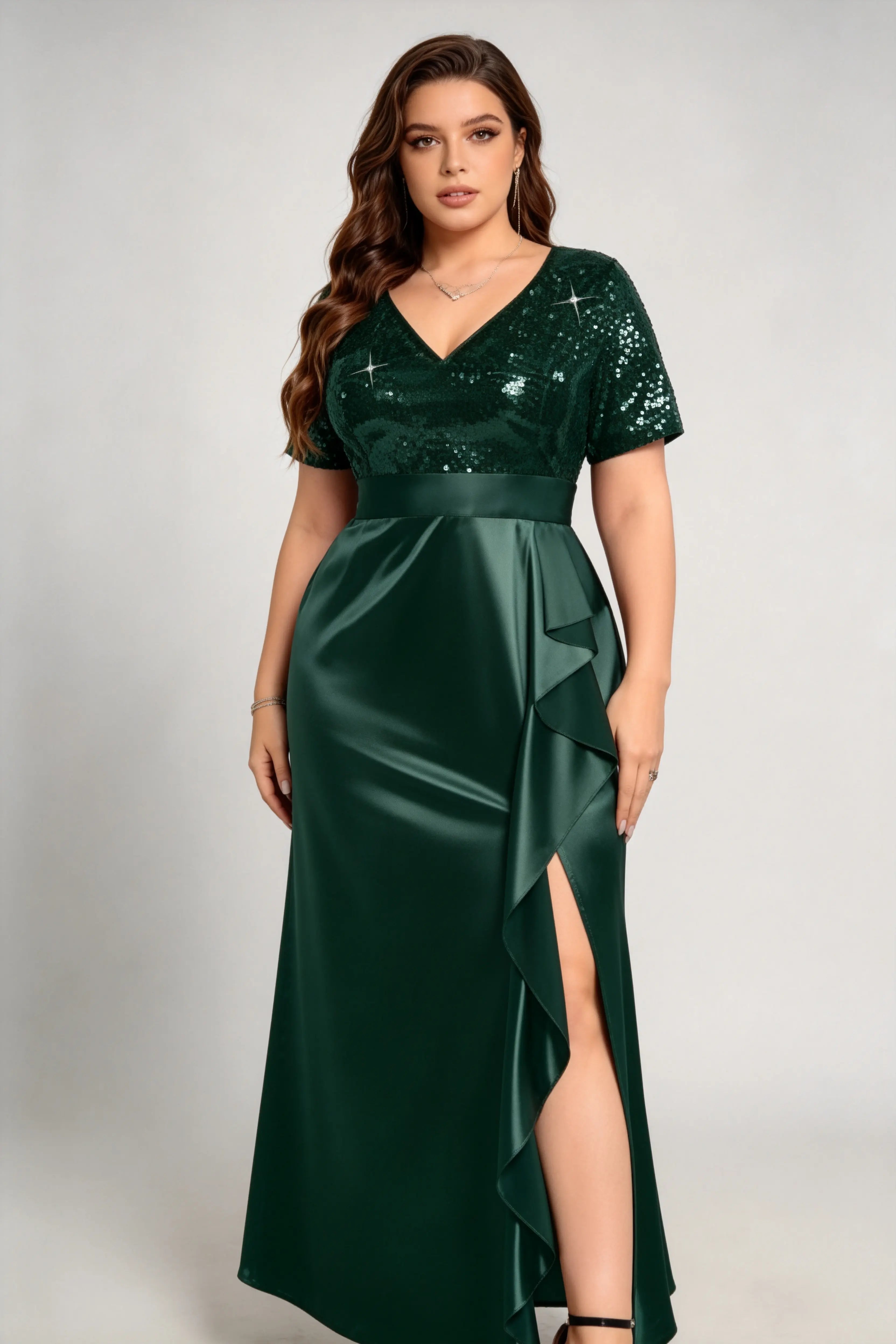 Plus Size Dark Green Sequin Satin Wrap Evening Gown with Short Sleeves and Side Slit