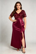 Plus Size Burgundy Sequin Satin Wrap Evening Gown with Short Sleeves and Side Slit