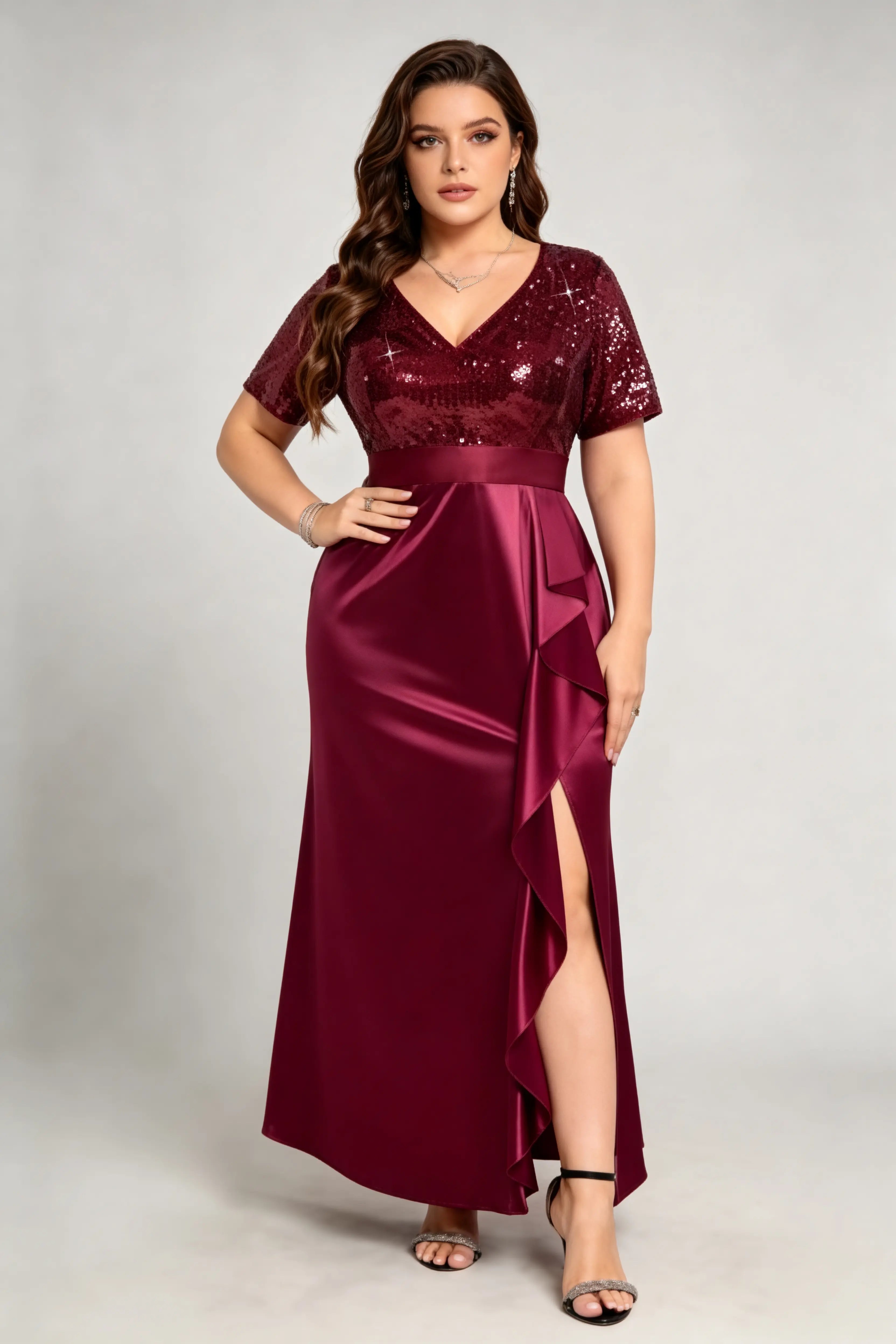 Plus Size Burgundy Sequin Satin Wrap Evening Gown with Short Sleeves and Side Slit