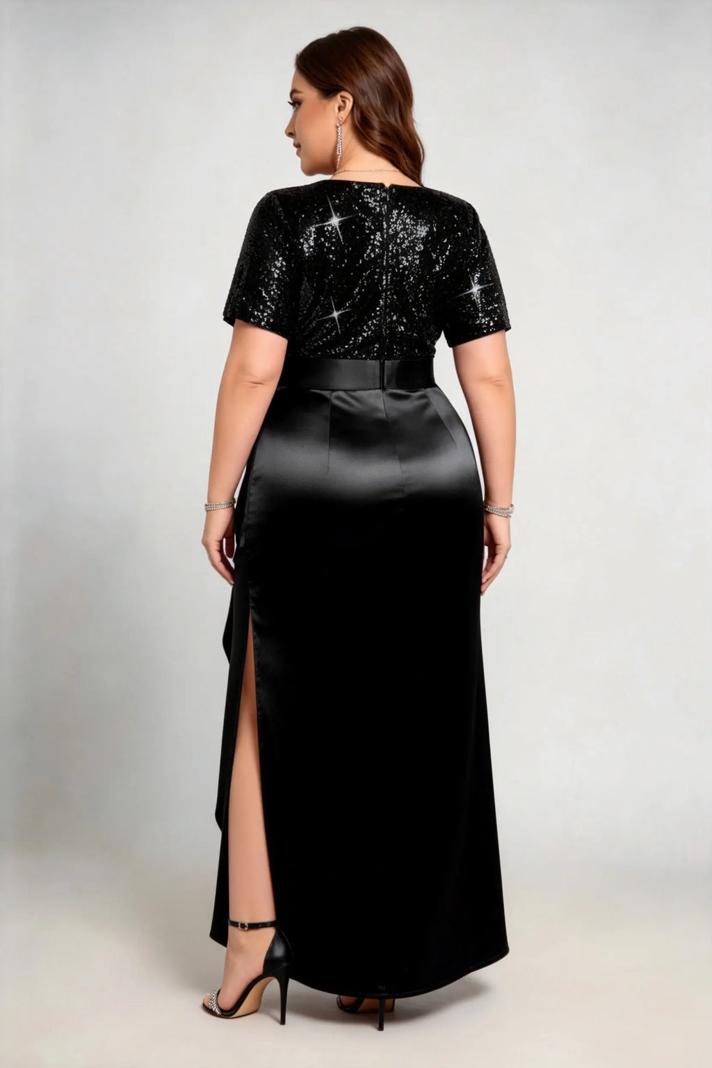 Plus Size Black Sequin Satin Wrap Evening Gown with Short Sleeves and Side Slit