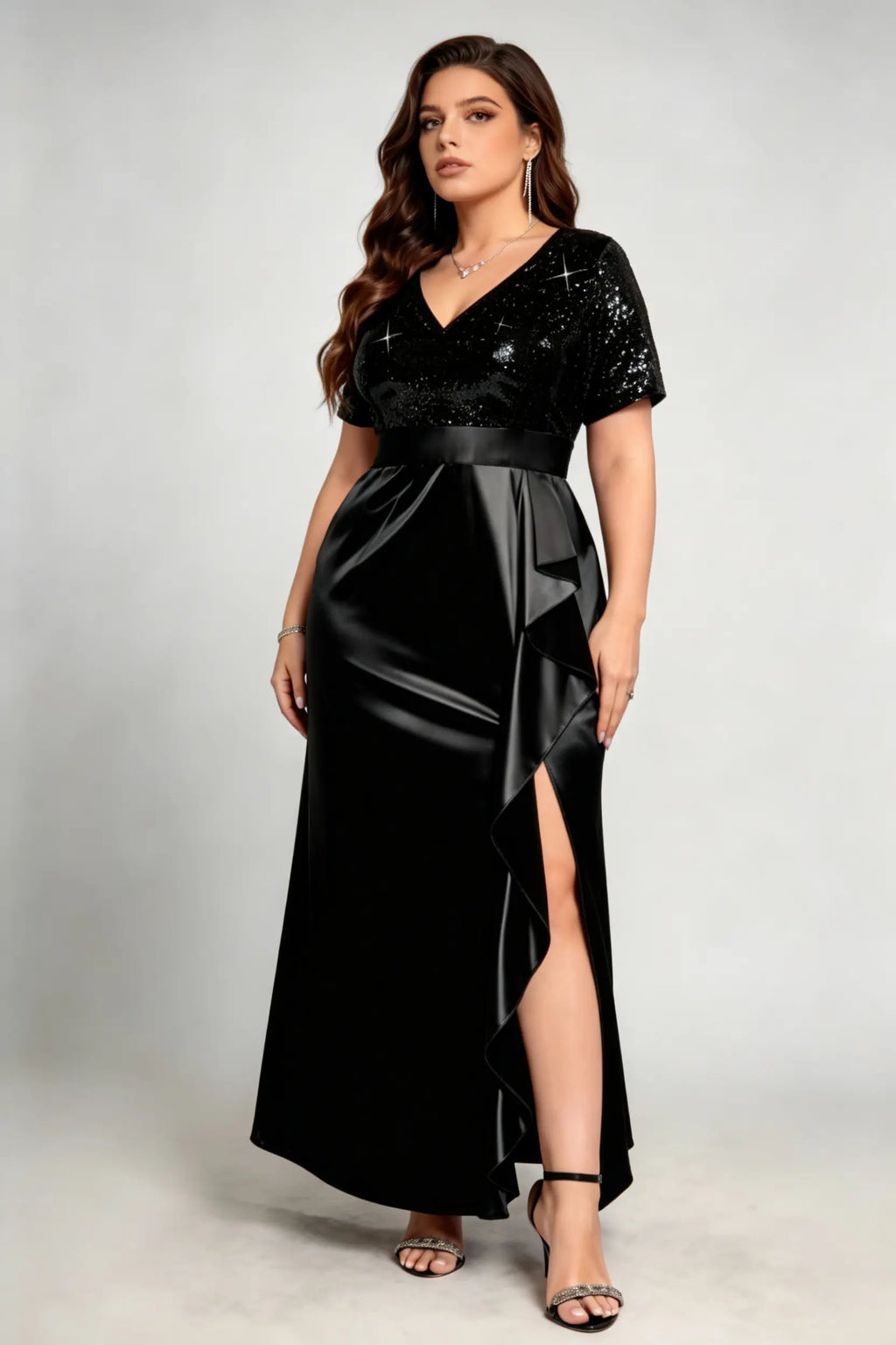 Plus Size Black Sequin Satin Wrap Evening Gown with Short Sleeves and Side Slit