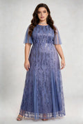 Plus Size Light Blue Sequin Mesh Maxi Dress with Flutter Sleeves - Formal Evening Gown