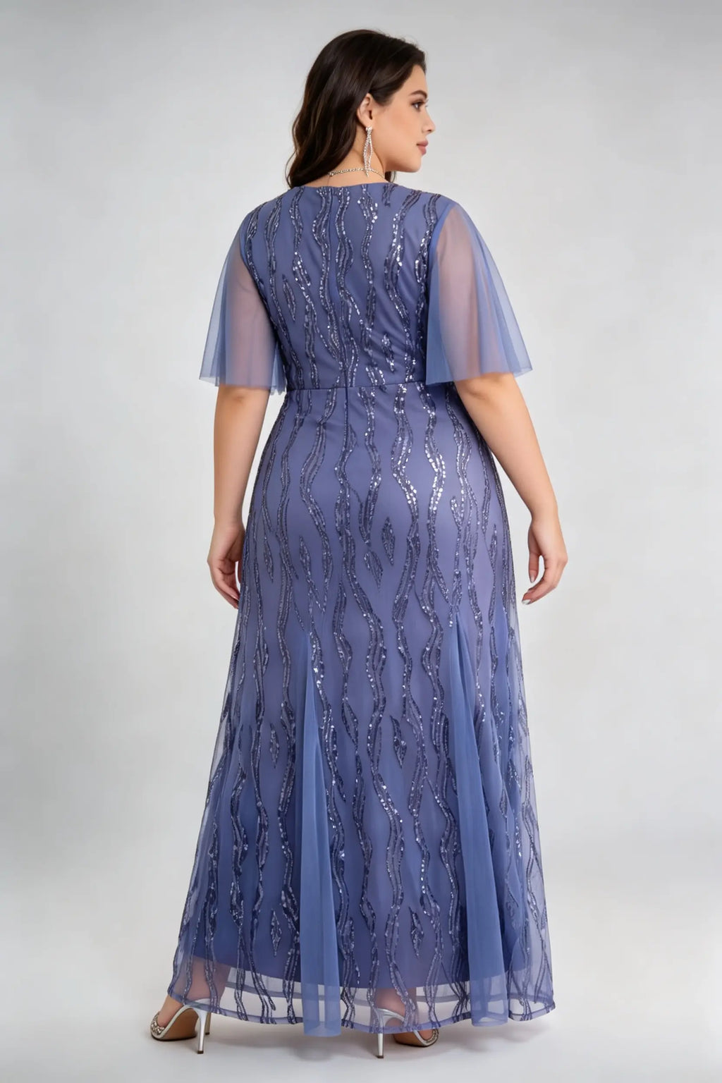 Plus Size Light Blue Sequin Mesh Maxi Dress with Flutter Sleeves - Formal Evening Gown