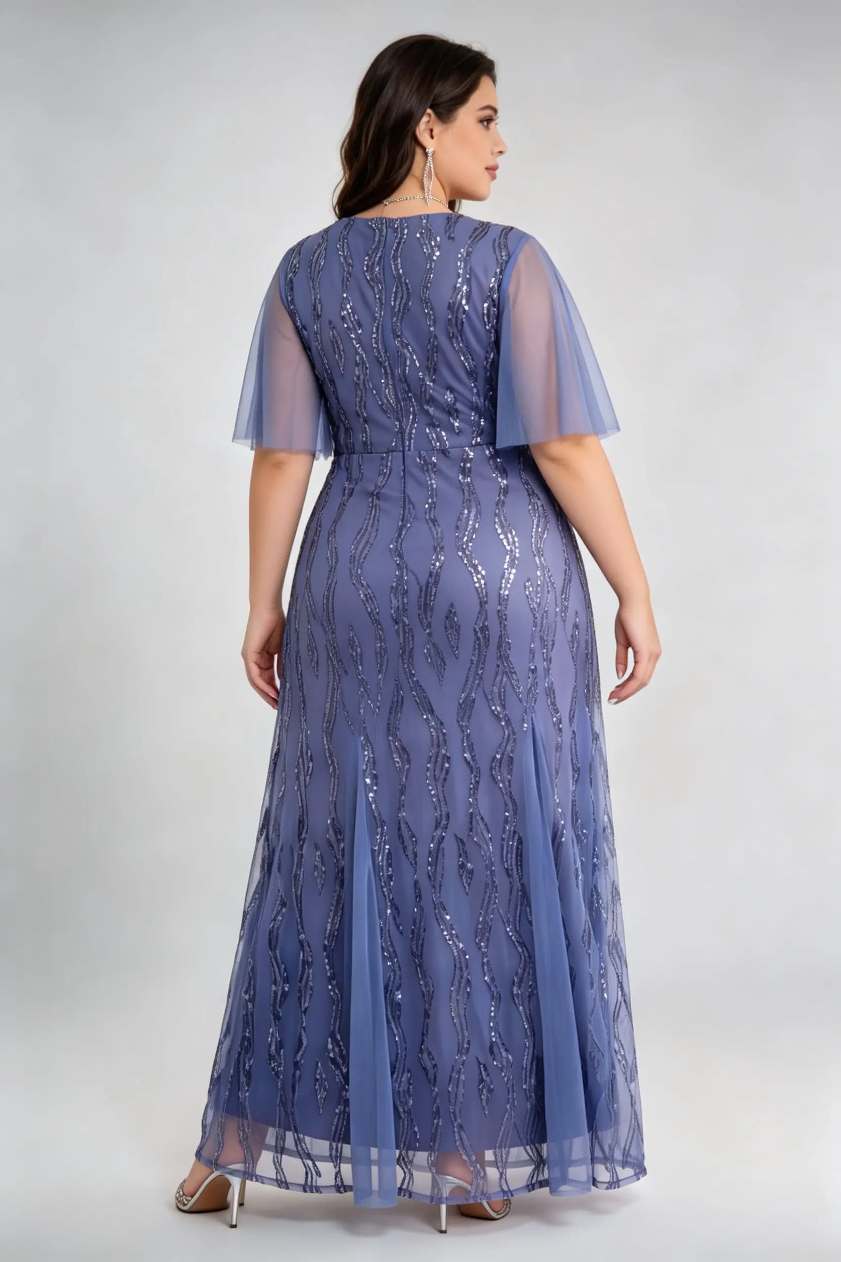 Plus Size Light Blue Sequin Mesh Maxi Dress with Flutter Sleeves - Formal Evening Gown