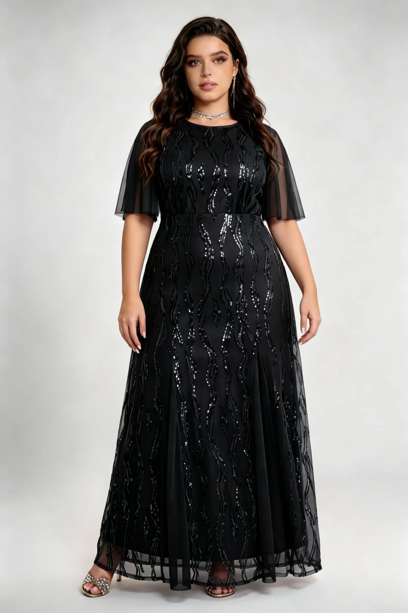 Plus Size Black Sequin Mesh Maxi Dress with Flutter Sleeves - Formal Evening Gown