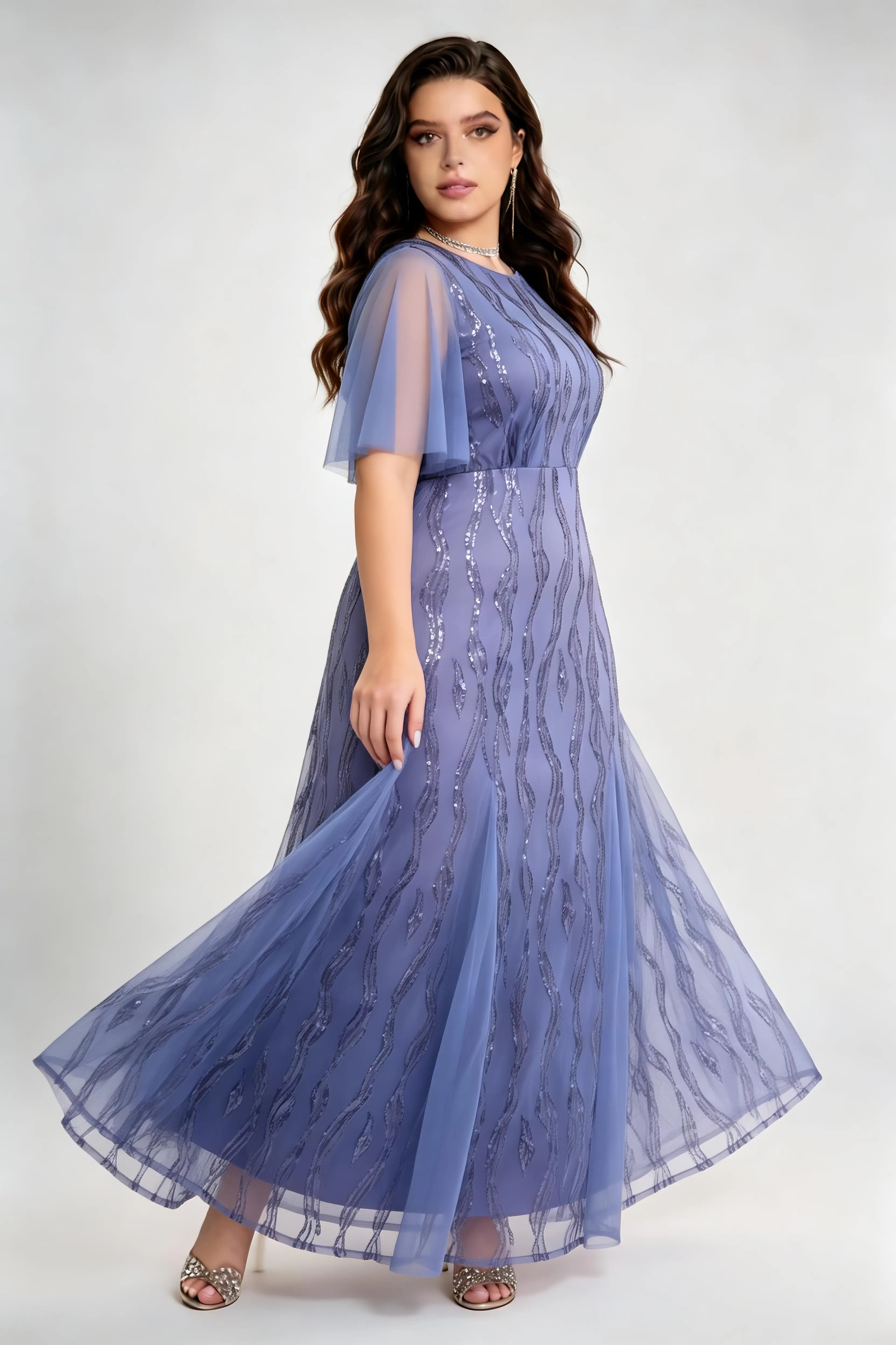 Plus Size Light Blue Sequin Mesh Maxi Dress with Flutter Sleeves - Formal Evening Gown
