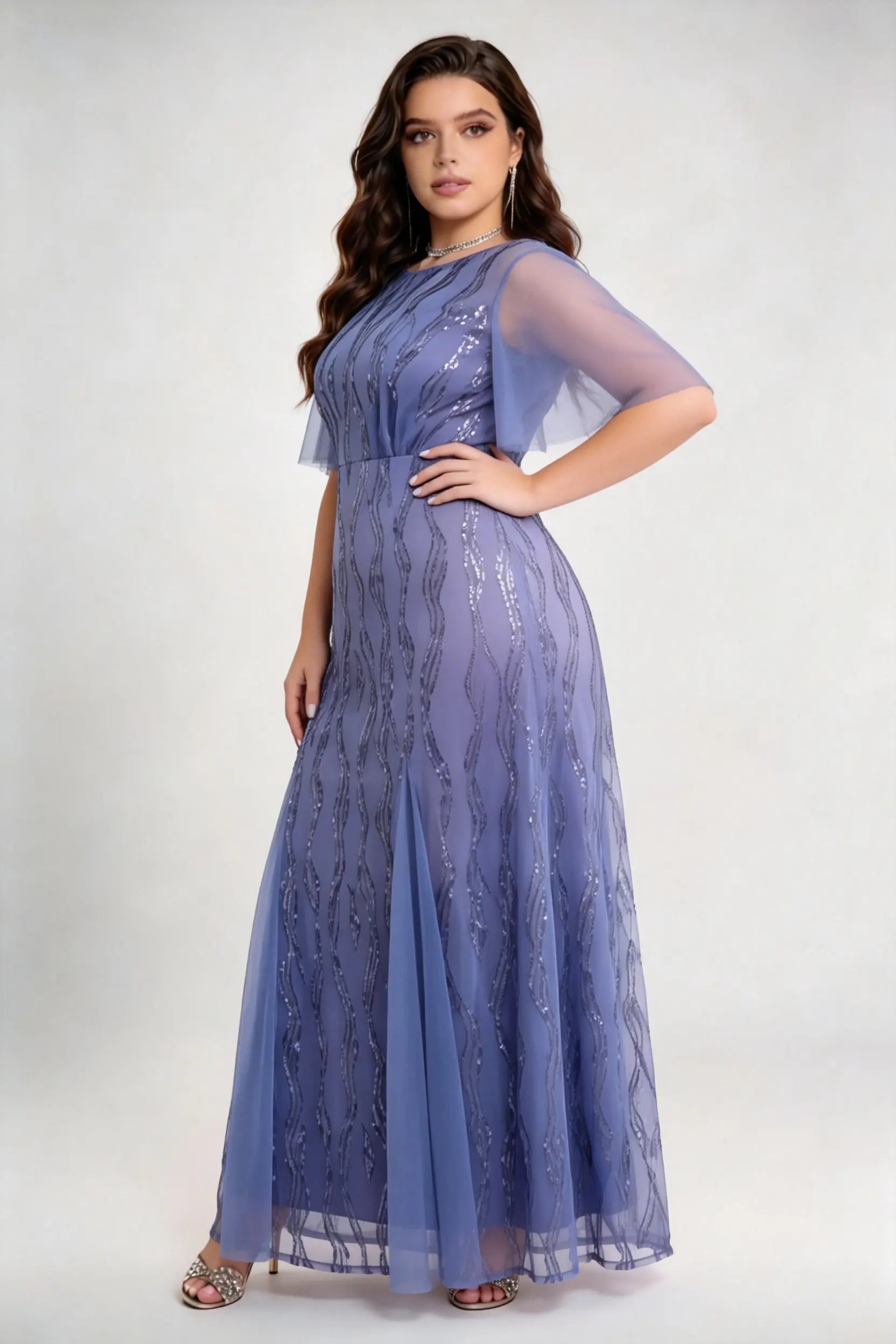 Plus Size Light Blue Sequin Mesh Maxi Dress with Flutter Sleeves - Formal Evening Gown
