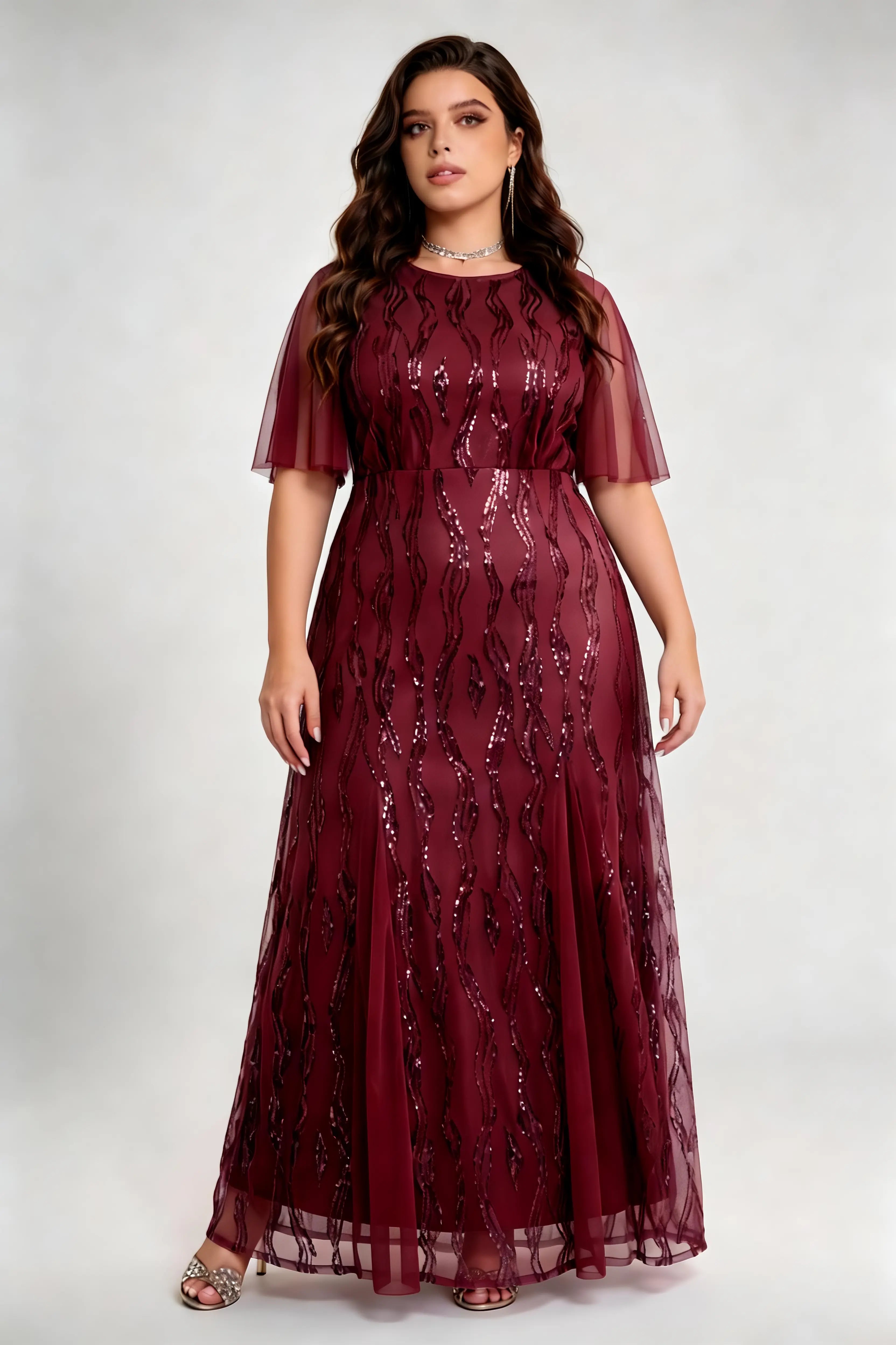 Plus Size Burgundy Sequin Mesh Maxi Dress with Flutter Sleeves - Formal Evening Gown